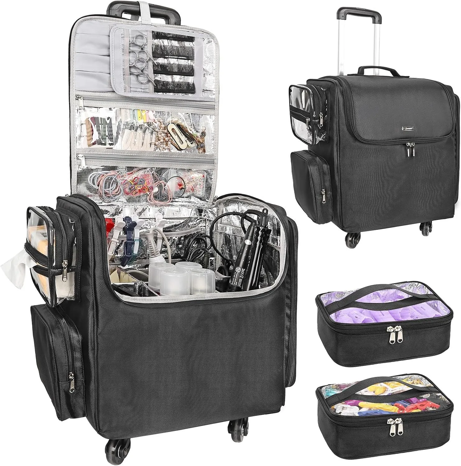 Relavel Rolling Makeup Case Cosmetology Case on Wheels Hair Stylist/Hairdresser Travelling BarberBag with Four 360 Degree Spinner Wheels, Heat Insulation Lining and Adjustable Dividers