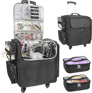 Relavel Rolling Makeup Case Cosmetology Case on Wheels Hair Stylist/Hairdresser Travelling BarberBag with Four 360 Degree Spinner Wheels, Heat Insulation Lining and Adjustable Dividers