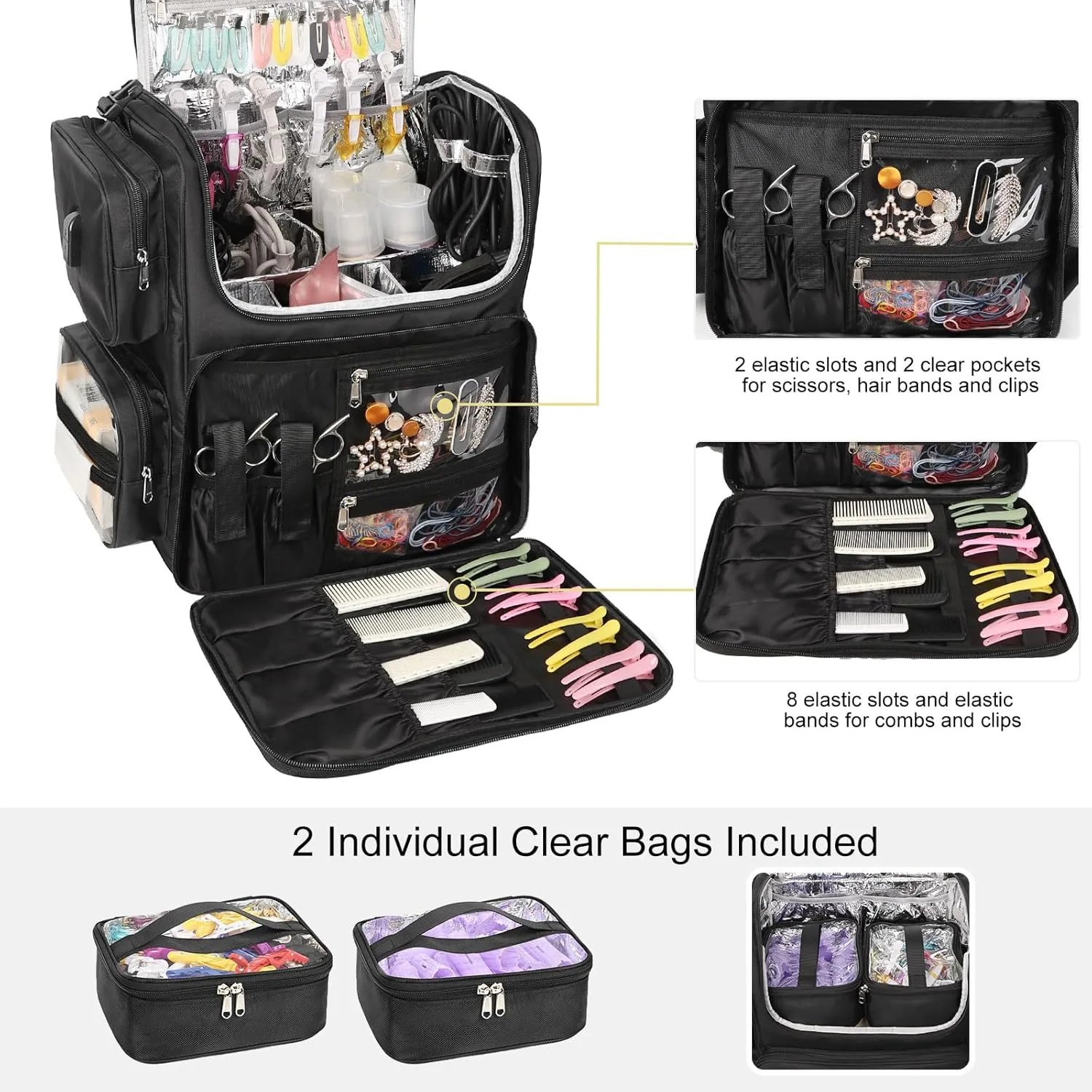 Relavel Rolling Makeup Train Case with Hair Stylist Backpack, Hairstylist Traveling Bag with 4 Wheels, Heat Insulation Full Layer, Adjustable Dividers, Hair Tools and Cosmetics Storage Organizer