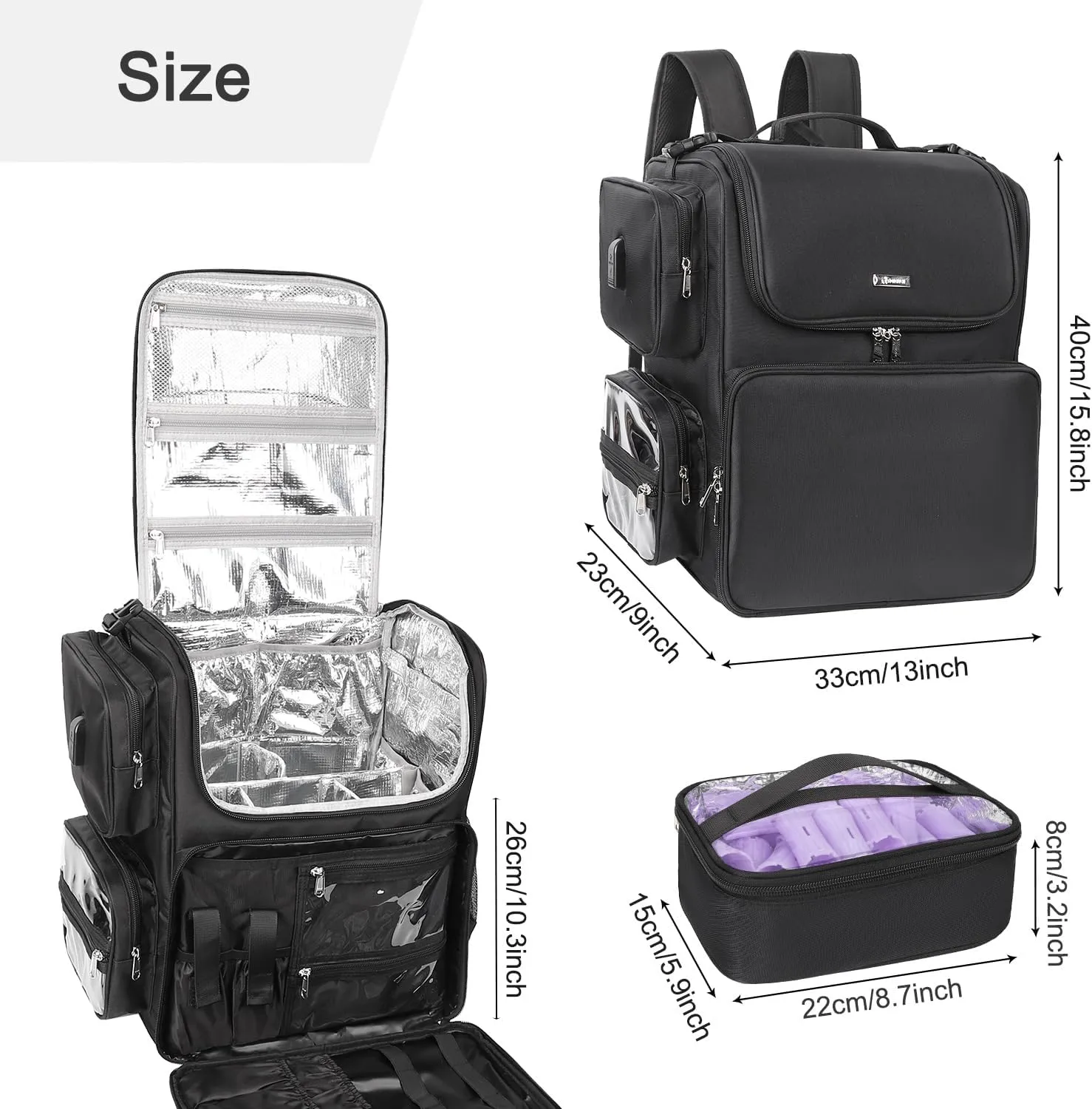 Relavel Rolling Makeup Train Case with Hair Stylist Backpack, Hairstylist Traveling Bag with 4 Wheels, Heat Insulation Full Layer, Adjustable Dividers, Hair Tools and Cosmetics Storage Organizer