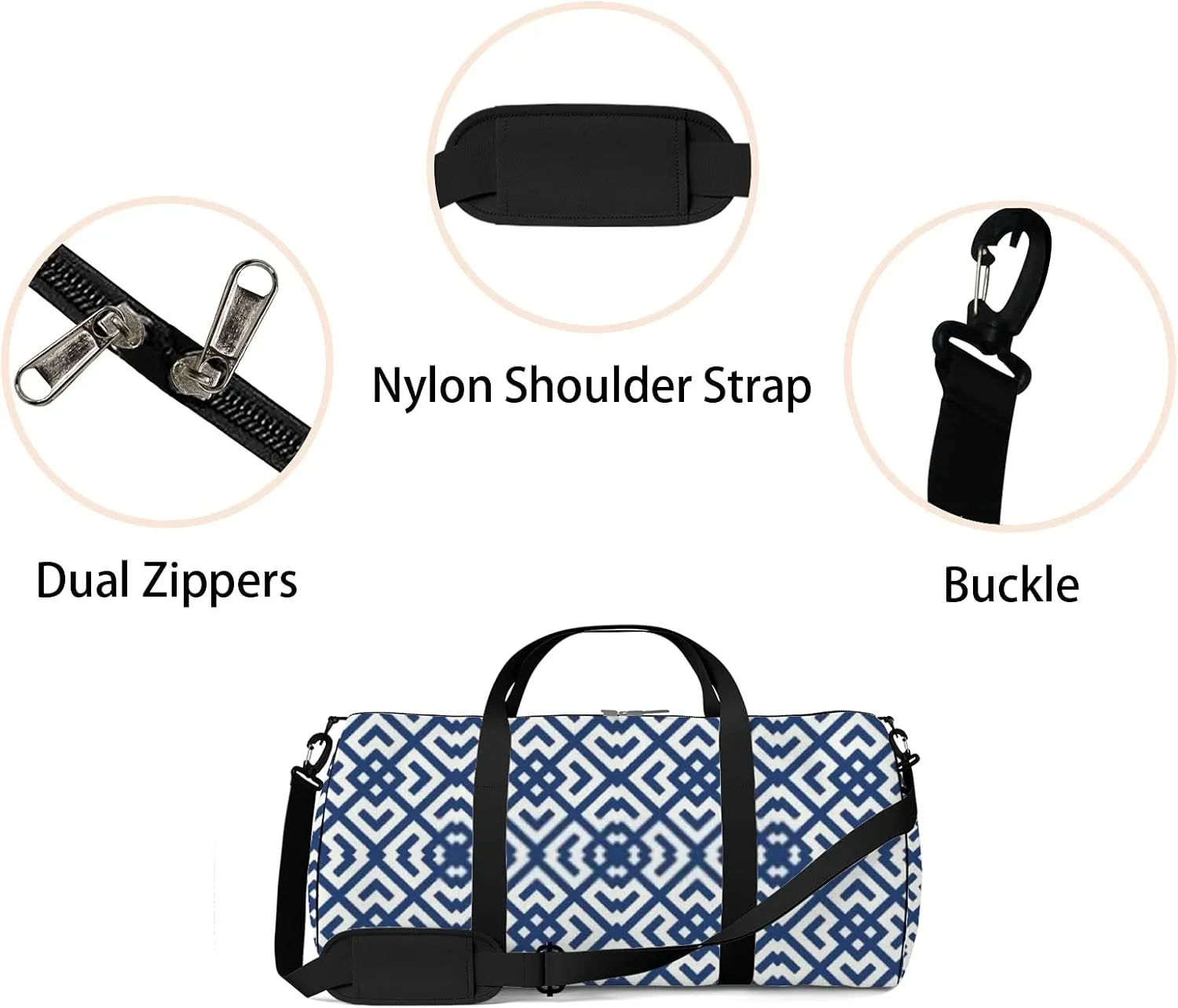Retro Navy Blue Oriental Ethnic Flowers Pattern Sports Bag Tote Bag Waterproof Gym Bag with Shoulder Strap Zipper 2 Side Pockets for Men and Women, Travel and Storage Shoulder Bag.