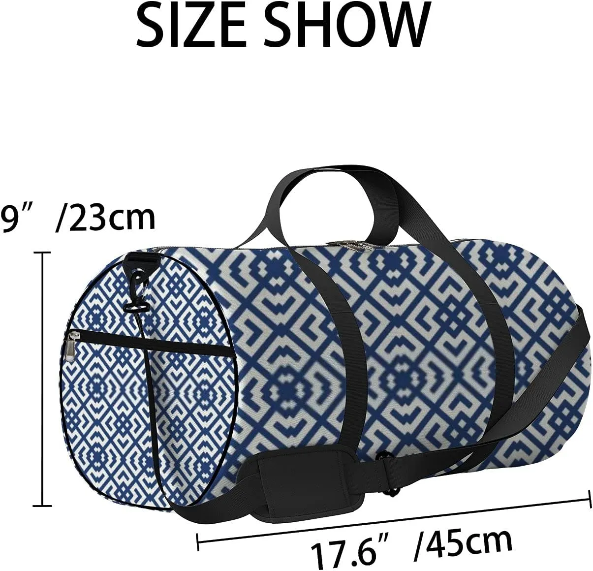 Retro Navy Blue Oriental Ethnic Flowers Pattern Sports Bag Tote Bag Waterproof Gym Bag with Shoulder Strap Zipper 2 Side Pockets for Men and Women, Travel and Storage Shoulder Bag.