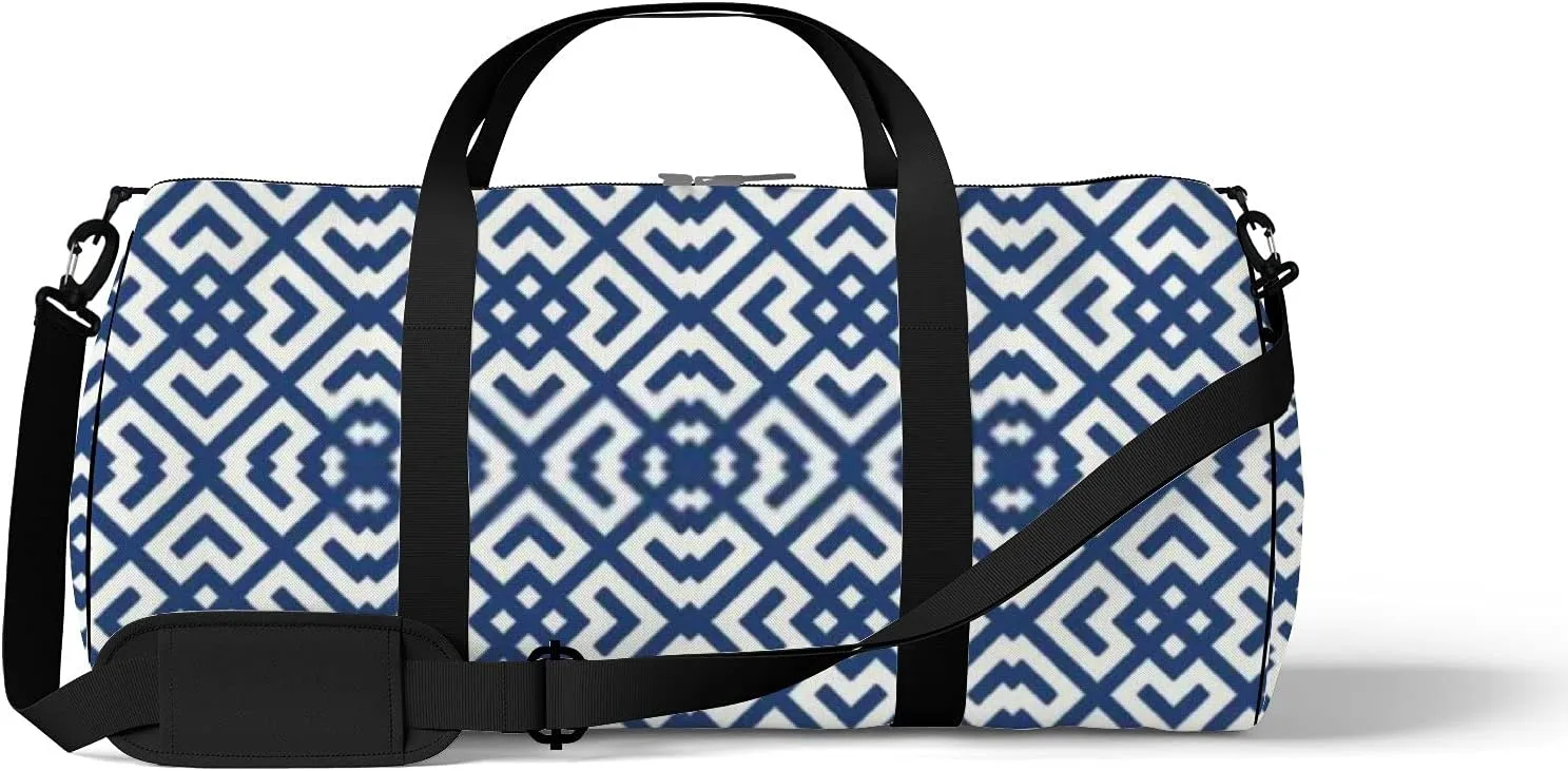 Retro Navy Blue Oriental Ethnic Flowers Pattern Sports Bag Tote Bag Waterproof Gym Bag with Shoulder Strap Zipper 2 Side Pockets for Men and Women, Travel and Storage Shoulder Bag.
