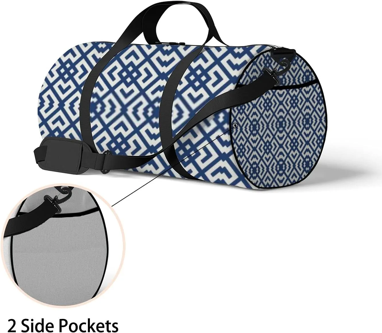 Retro Navy Blue Oriental Ethnic Flowers Pattern Sports Bag Tote Bag Waterproof Gym Bag with Shoulder Strap Zipper 2 Side Pockets for Men and Women, Travel and Storage Shoulder Bag.