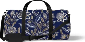 Retro Navy Blue Oriental Flowers Motif Sports Bag Tote Bag Waterproof Gym Bag with Shoulder Strap Zipper 2 Side Pockets for Men and Women, Travel and Storage Shoulder Bag.