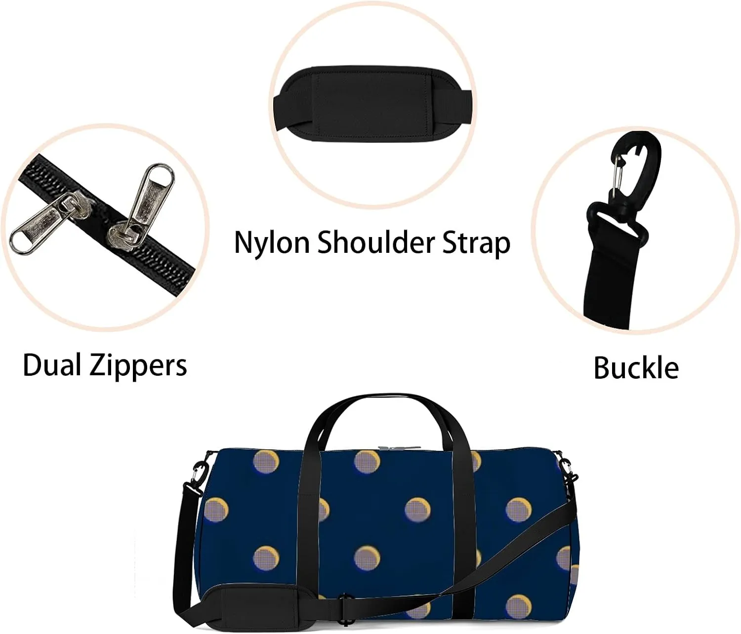 Retro Navy Blue Polka Dot Sports Bag Tote Bag Waterproof Gym Bag with Shoulder Strap Zipper 2 Side Pockets for Men and Women, Travel and Storage Shoulder Bag.