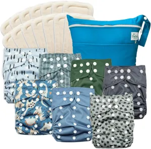 Reusable Cloth Diapers with AWJ Lining – 7 Pack with 14 Inserts and 1 Wet Bag – Waterproof, Washable, and Adjustable (Cretaceous Cool, Cotton Inserts)