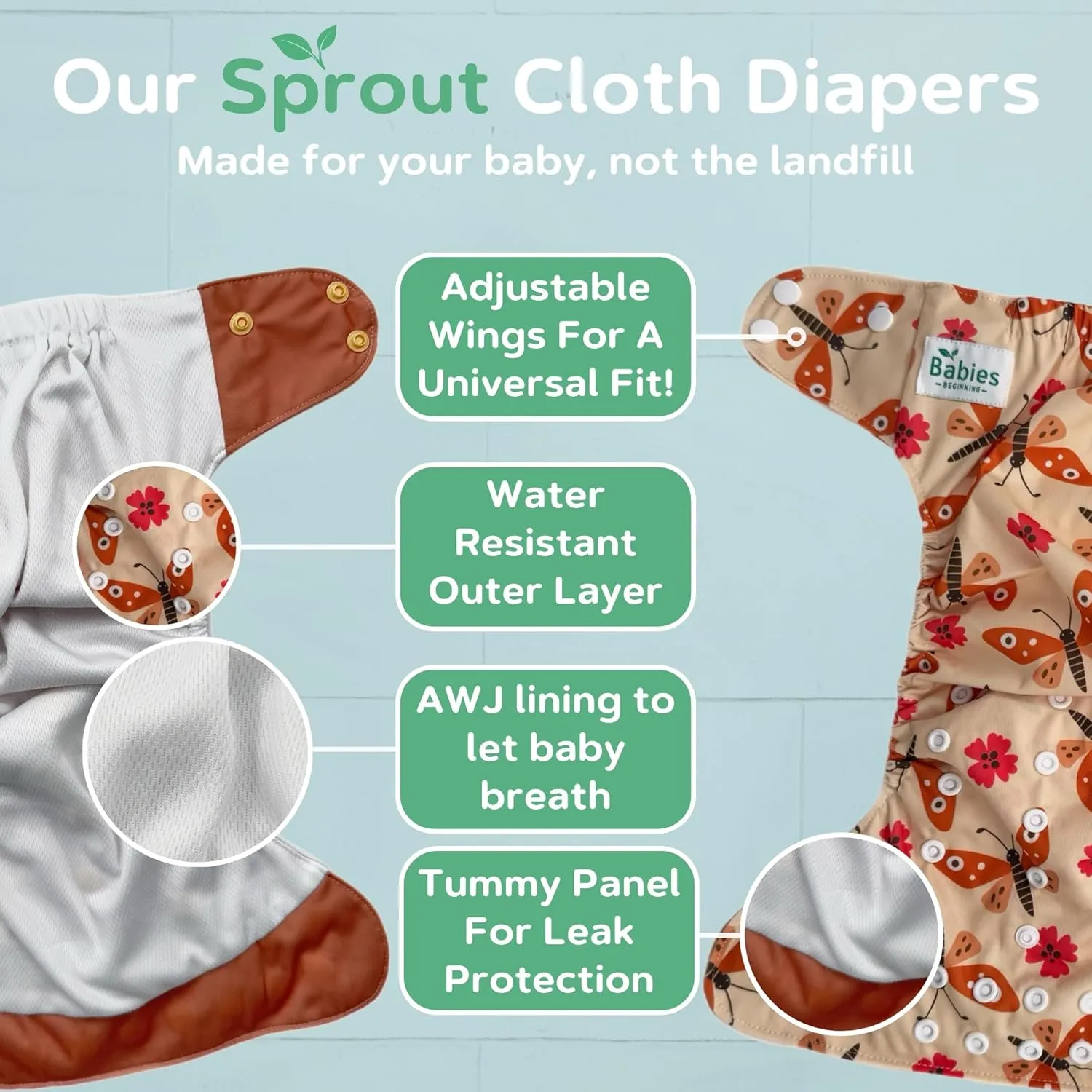Reusable Cloth Diapers with AWJ Lining – 7 Pack with 14 Inserts and 1 Wet Bag – Waterproof, Washable, and Adjustable (Cretaceous Cool, Cotton Inserts)
