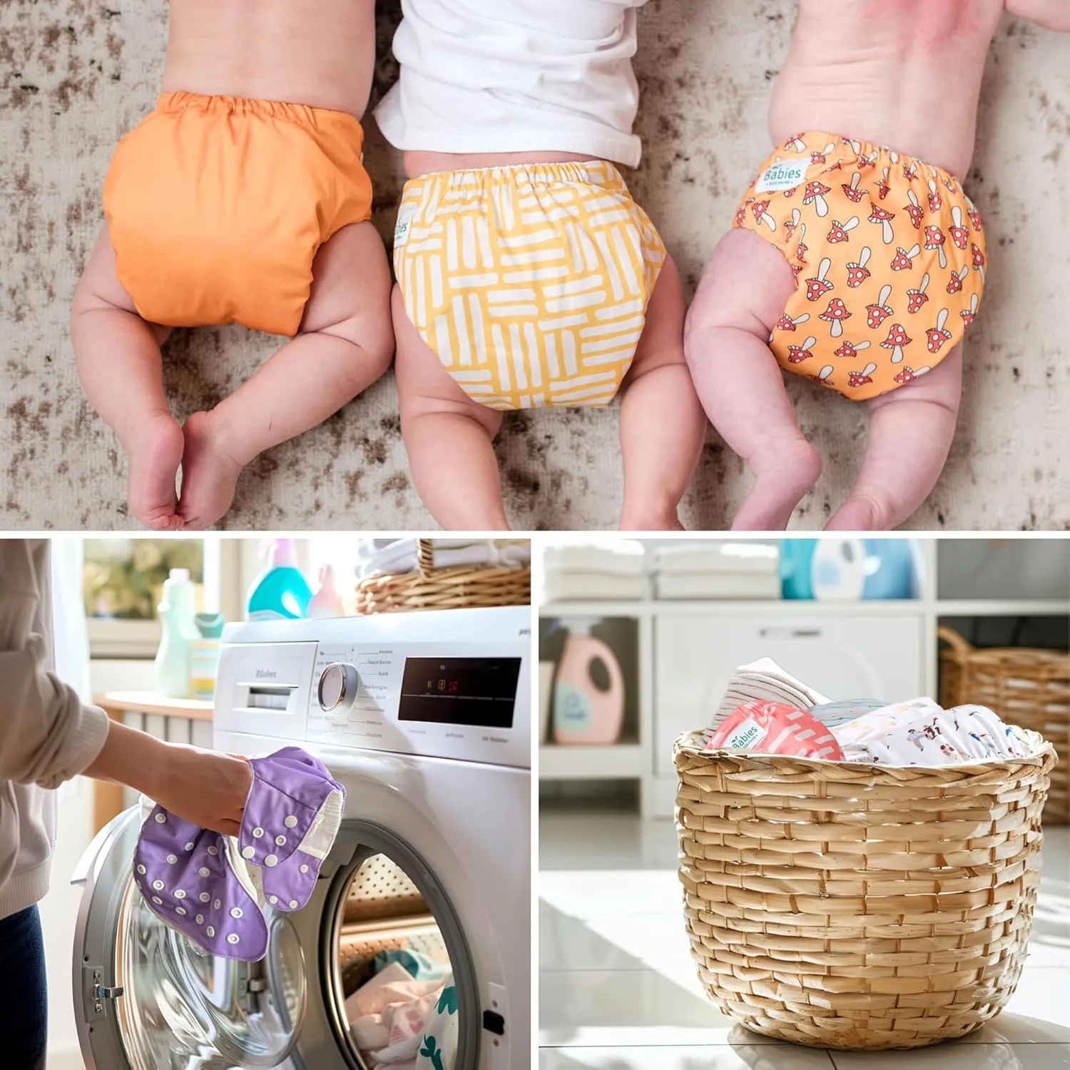 Reusable Cloth Diapers with AWJ Lining – 7 Pack with 14 Inserts and 1 Wet Bag – Waterproof, Washable, and Adjustable (Cretaceous Cool, Cotton Inserts)
