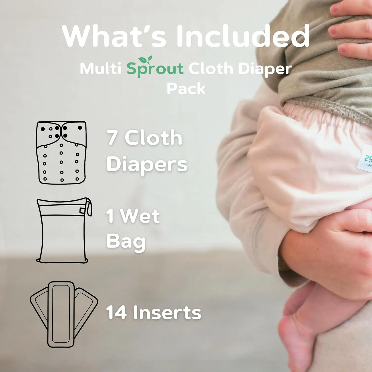 Reusable Cloth Diapers with AWJ Lining – 7 Pack with 14 Inserts and 1 Wet Bag – Waterproof, Washable, and Adjustable (Cretaceous Cool, Cotton Inserts)