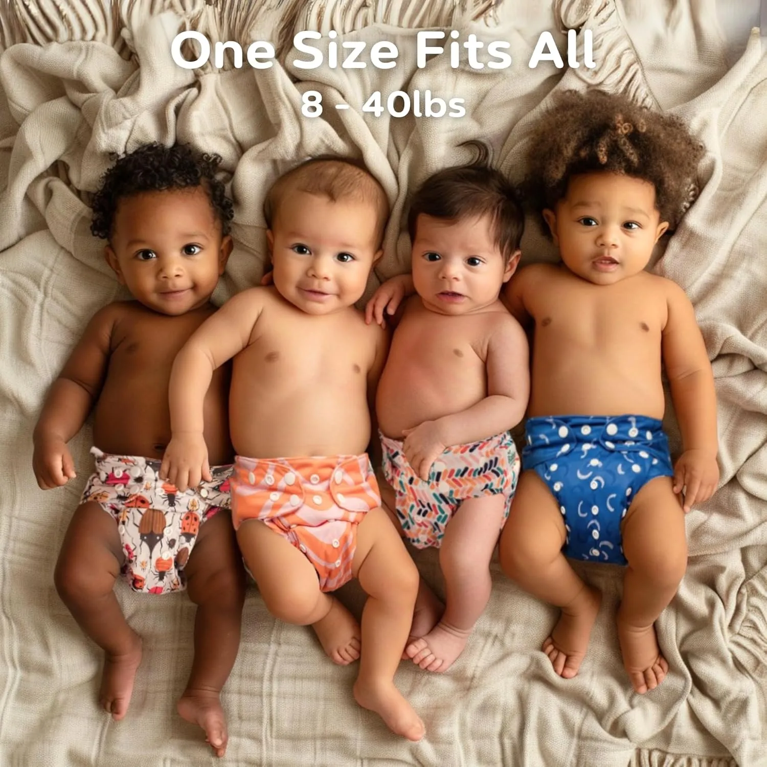 Reusable Cloth Diapers with AWJ Lining – 7 Pack with 14 Inserts and 1 Wet Bag – Waterproof, Washable, and Adjustable (Cretaceous Cool, Cotton Inserts)