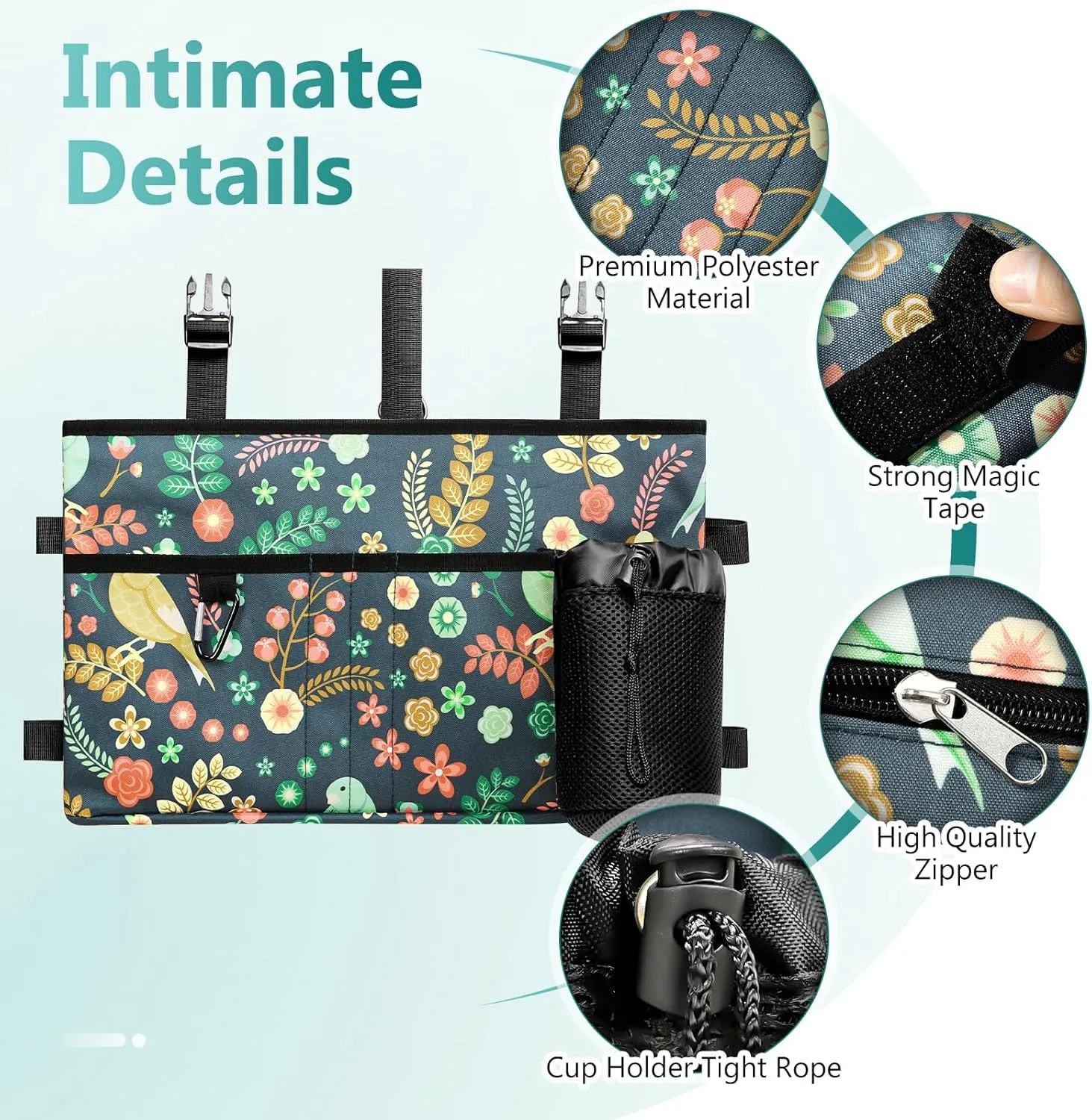 Rhino Valley Walker Bag, Multi Pockets Folding Walker Basket Tote Bag with Cup Holder, Hand-free Carry Pouch Storage Bag for Universal Walkers, Large Capacity Organizer for Seniors Elderly, Birds