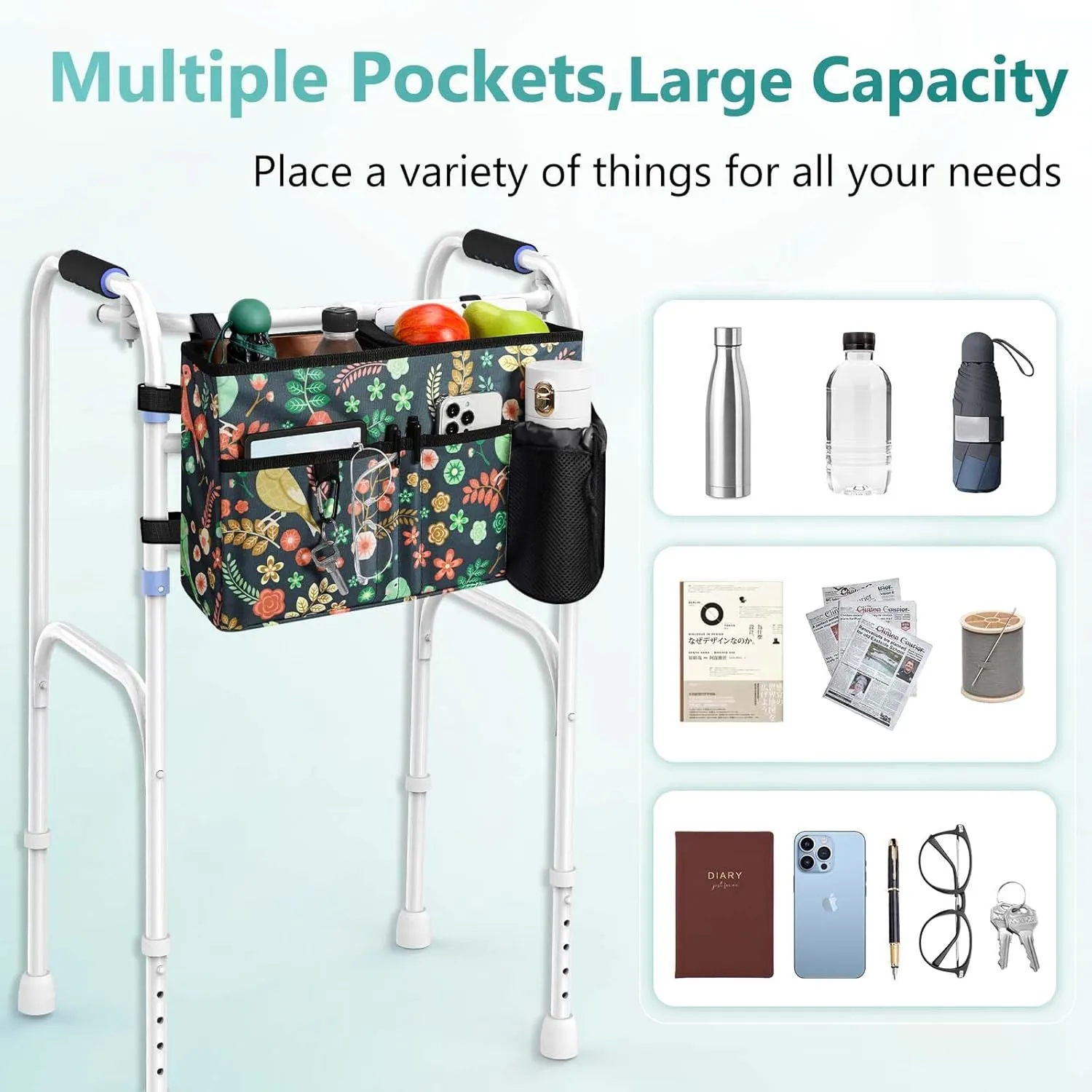 Rhino Valley Walker Bag, Multi Pockets Folding Walker Basket Tote Bag with Cup Holder, Hand-free Carry Pouch Storage Bag for Universal Walkers, Large Capacity Organizer for Seniors Elderly, Birds
