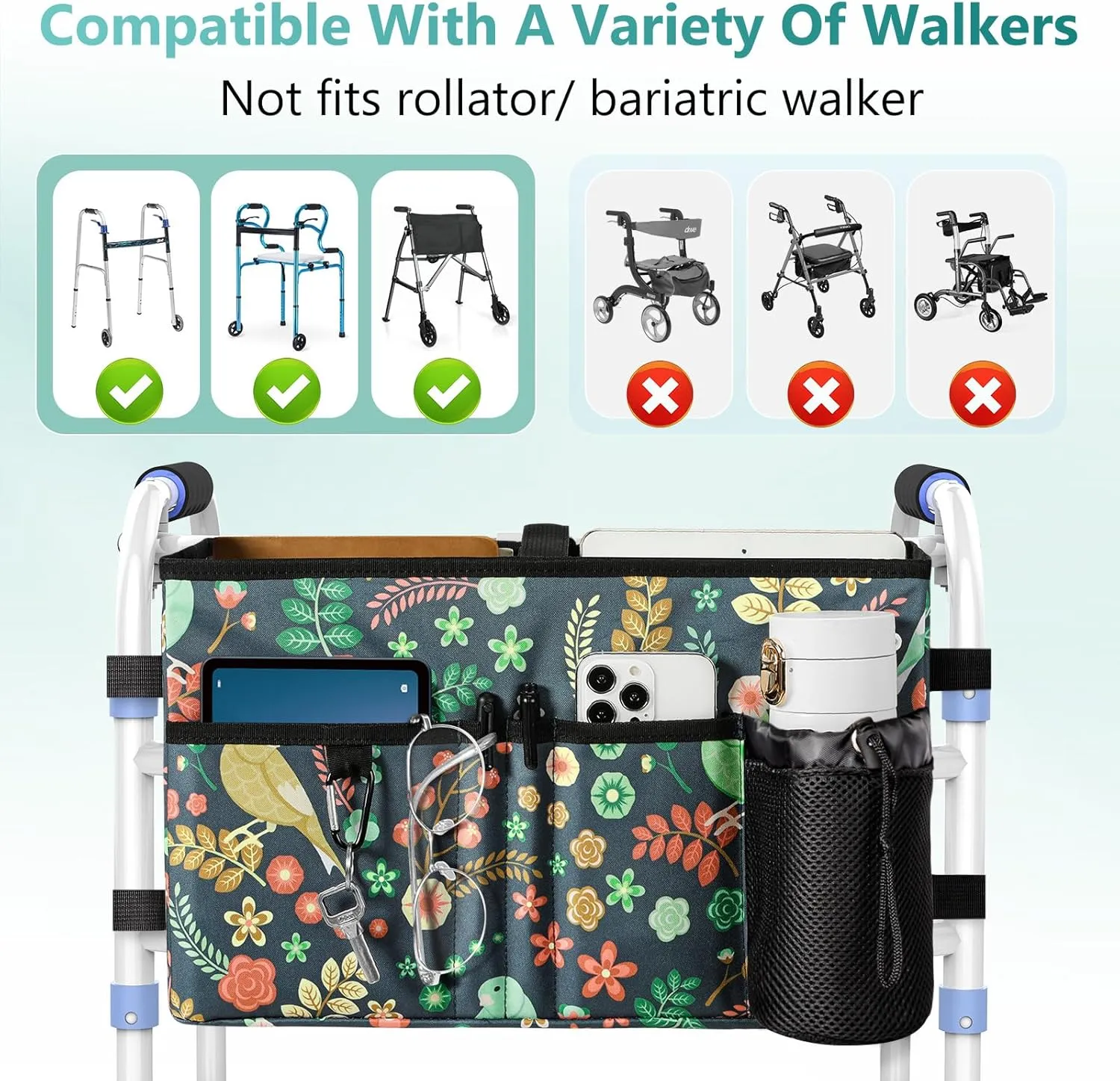 Rhino Valley Walker Bag, Multi Pockets Folding Walker Basket Tote Bag with Cup Holder, Hand-free Carry Pouch Storage Bag for Universal Walkers, Large Capacity Organizer for Seniors Elderly, Birds