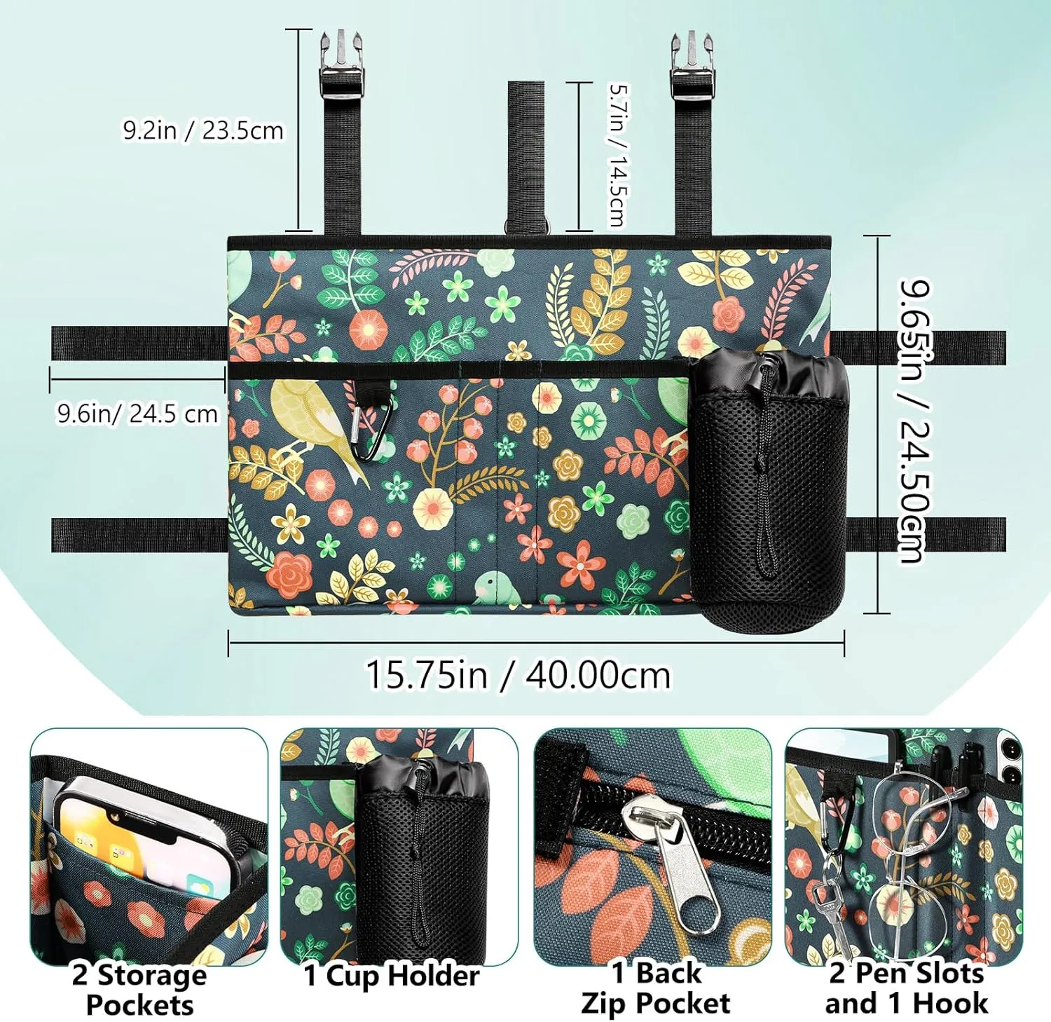 Rhino Valley Walker Bag, Multi Pockets Folding Walker Basket Tote Bag with Cup Holder, Hand-free Carry Pouch Storage Bag for Universal Walkers, Large Capacity Organizer for Seniors Elderly, Birds