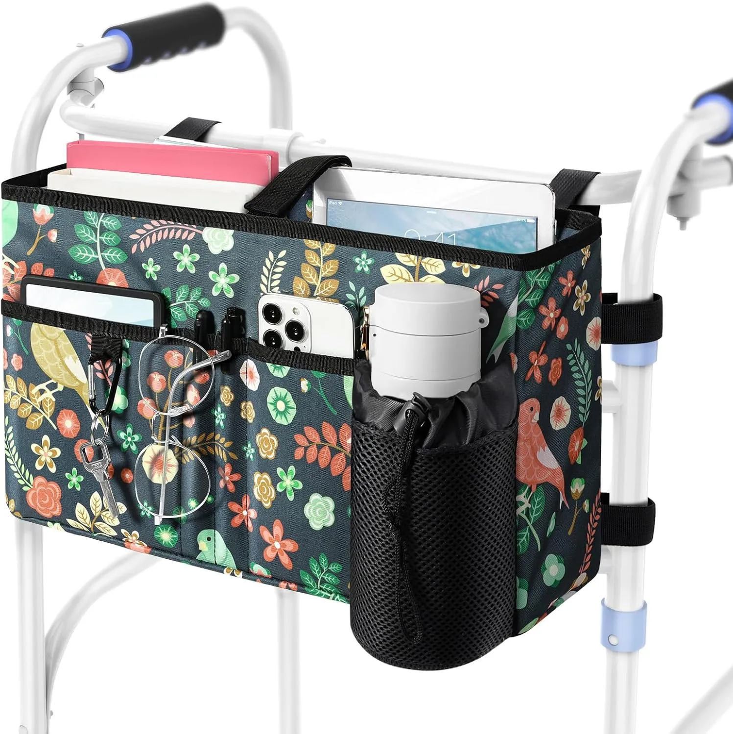 Rhino Valley Walker Bag, Multi Pockets Folding Walker Basket Tote Bag with Cup Holder, Hand-free Carry Pouch Storage Bag for Universal Walkers, Large Capacity Organizer for Seniors Elderly, Birds