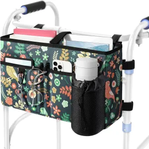 Rhino Valley Walker Bag, Multi Pockets Folding Walker Basket Tote Bag with Cup Holder, Hand-free Carry Pouch Storage Bag for Universal Walkers, Large Capacity Organizer for Seniors Elderly, Birds