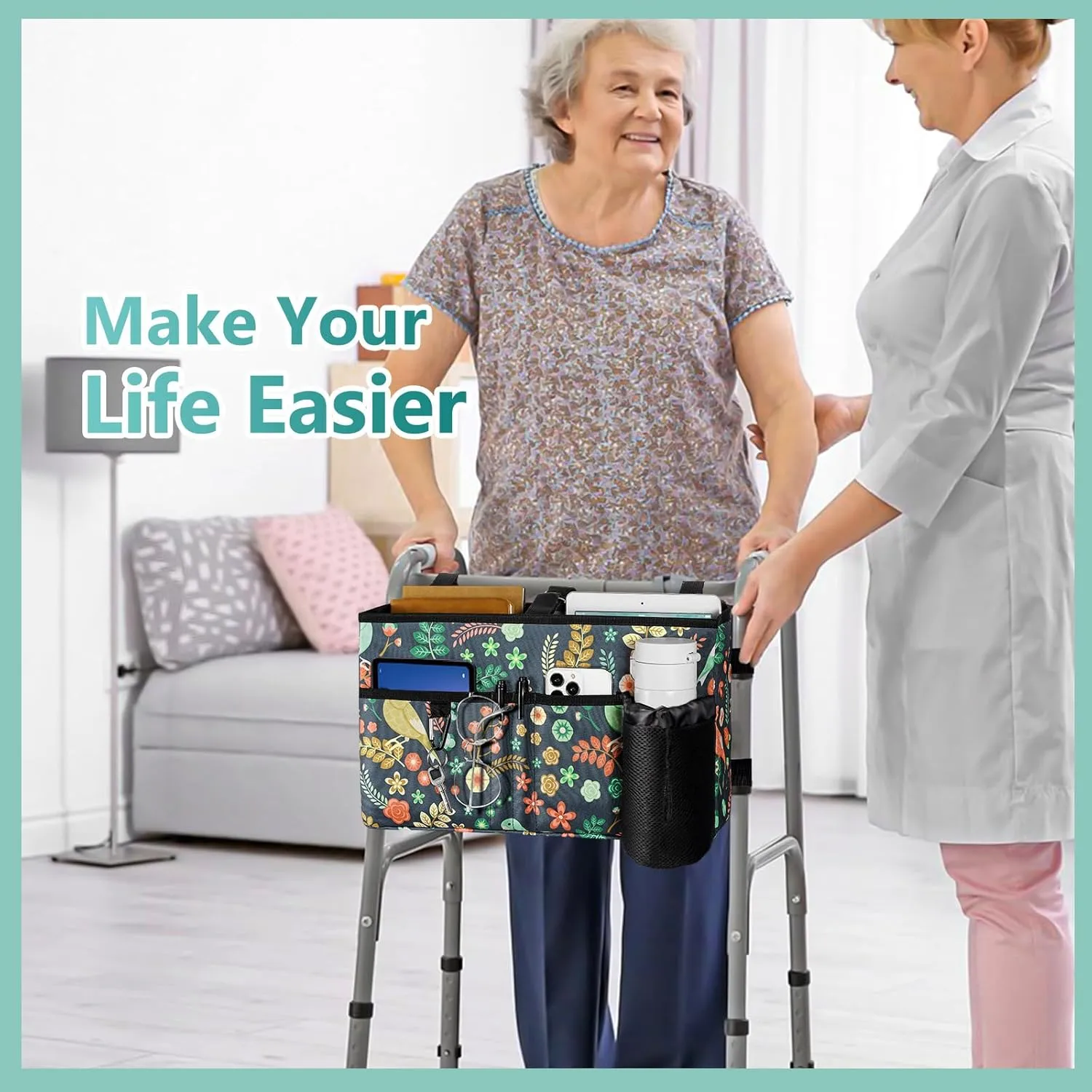 Rhino Valley Walker Bag, Multi Pockets Folding Walker Basket Tote Bag with Cup Holder, Hand-free Carry Pouch Storage Bag for Universal Walkers, Large Capacity Organizer for Seniors Elderly, Birds