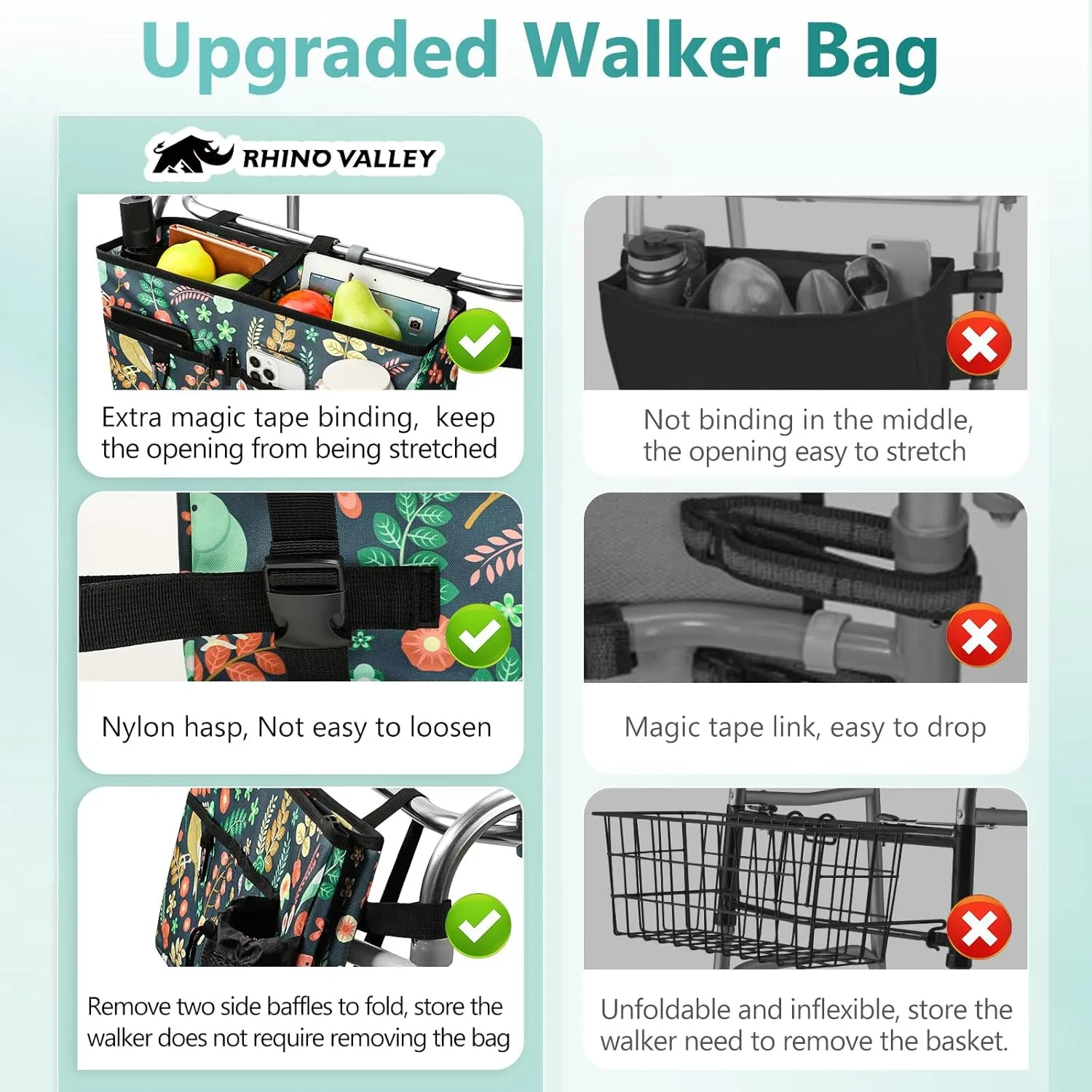 Rhino Valley Walker Bag, Multi Pockets Folding Walker Basket Tote Bag with Cup Holder, Hand-free Carry Pouch Storage Bag for Universal Walkers, Large Capacity Organizer for Seniors Elderly, Birds