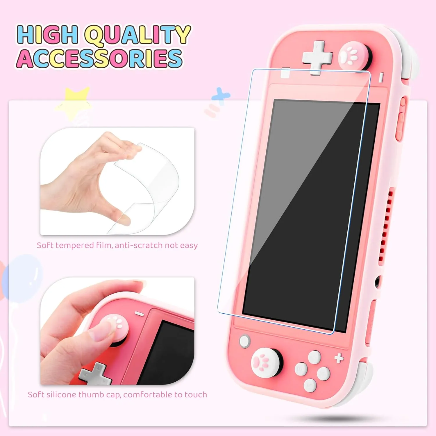 RHOTALL 6 in 1 Switch Lite bundles, Pink Cat Carrying Case for Switch lite, with Portable Compatible Cute Travel Bag, with Soft cover case, Screen Protectors and 2 Cute Paw Thumb Grips Caps