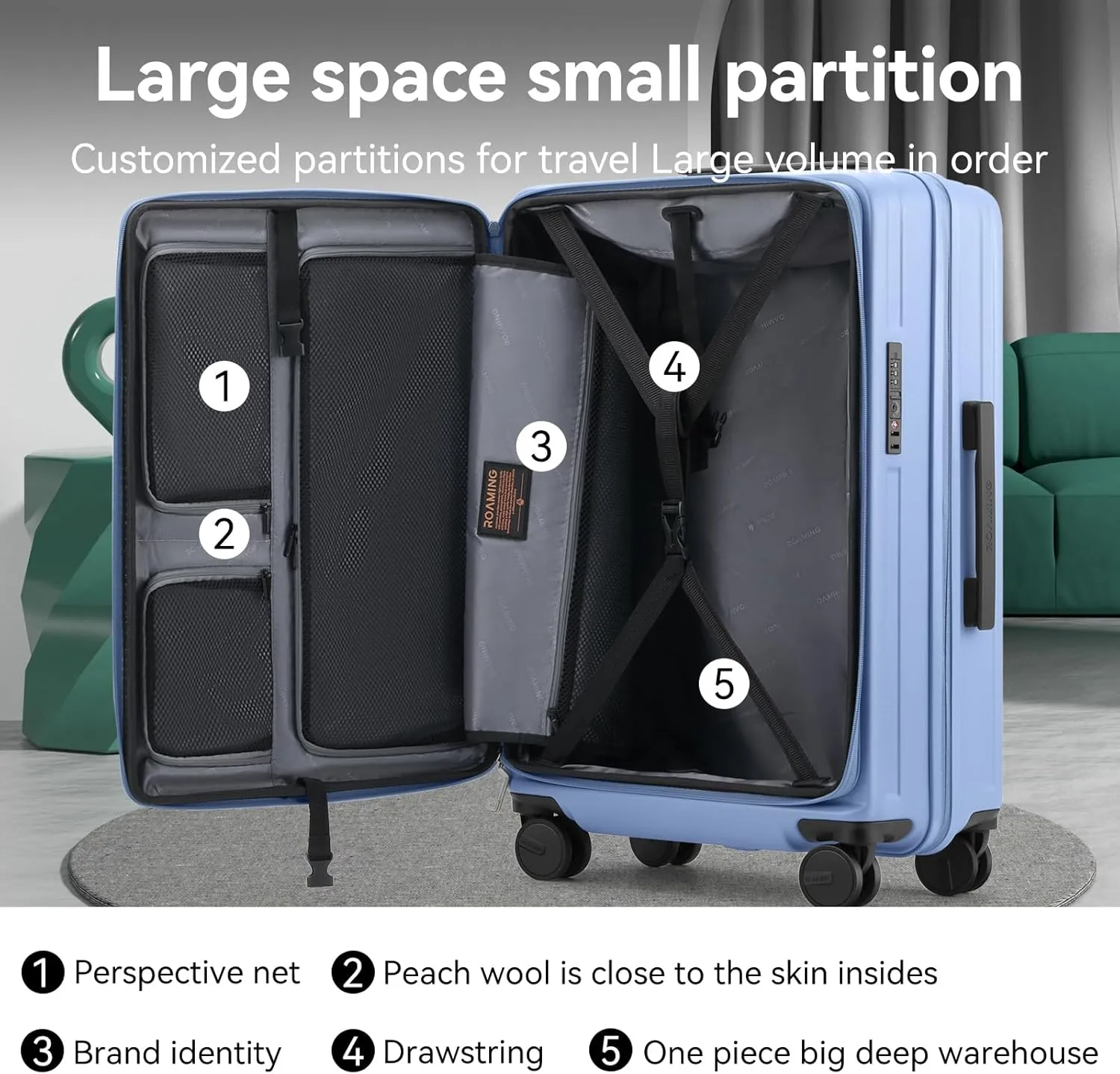 ROAMING 20 Inch Carry On Luggage Expandable TOP Opening Rolling Vacation Suitcase with Spinner Wheels and TSA Lock Cup Holder PC Hard Shell Travel Trolley Case for Shout Business Trips blue