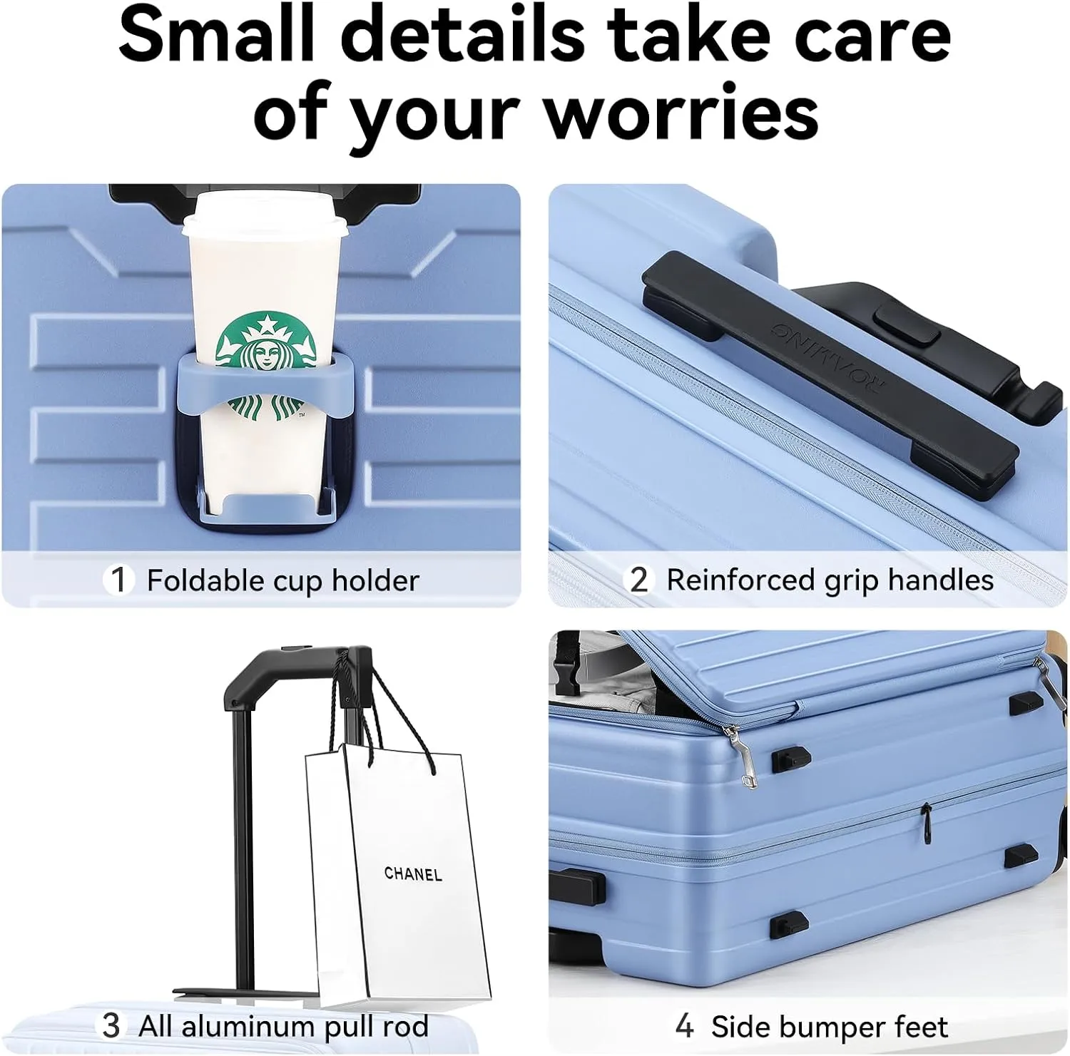 ROAMING 20 Inch Carry On Luggage Expandable TOP Opening Rolling Vacation Suitcase with Spinner Wheels and TSA Lock Cup Holder PC Hard Shell Travel Trolley Case for Shout Business Trips blue