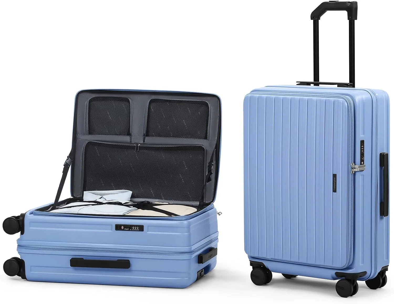 ROAMING 20 Inch Carry On Luggage Expandable TOP Opening Rolling Vacation Suitcase with Spinner Wheels and TSA Lock Cup Holder PC Hard Shell Travel Trolley Case for Shout Business Trips blue