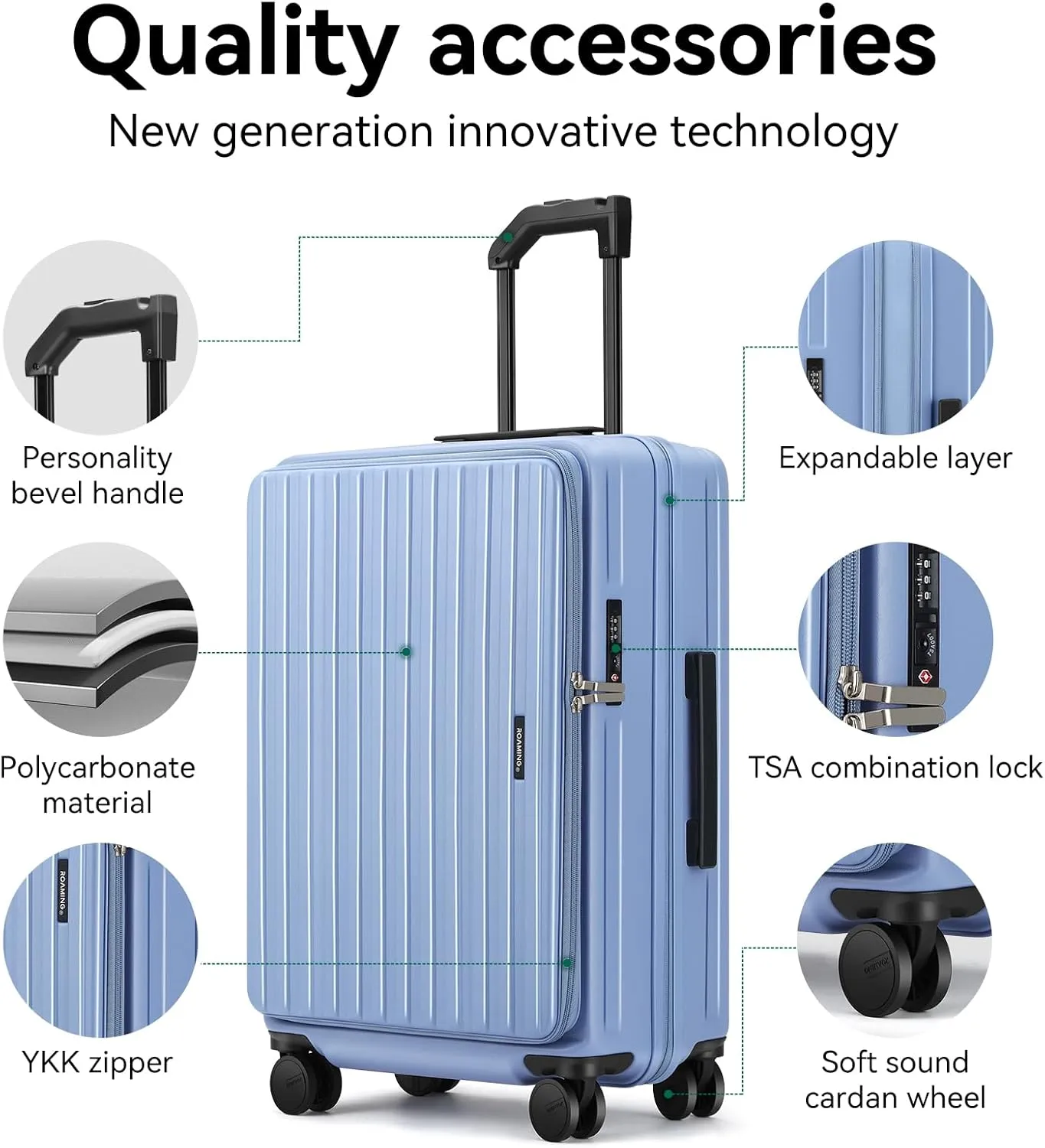 ROAMING 20 Inch Carry On Luggage Expandable TOP Opening Rolling Vacation Suitcase with Spinner Wheels and TSA Lock Cup Holder PC Hard Shell Travel Trolley Case for Shout Business Trips blue