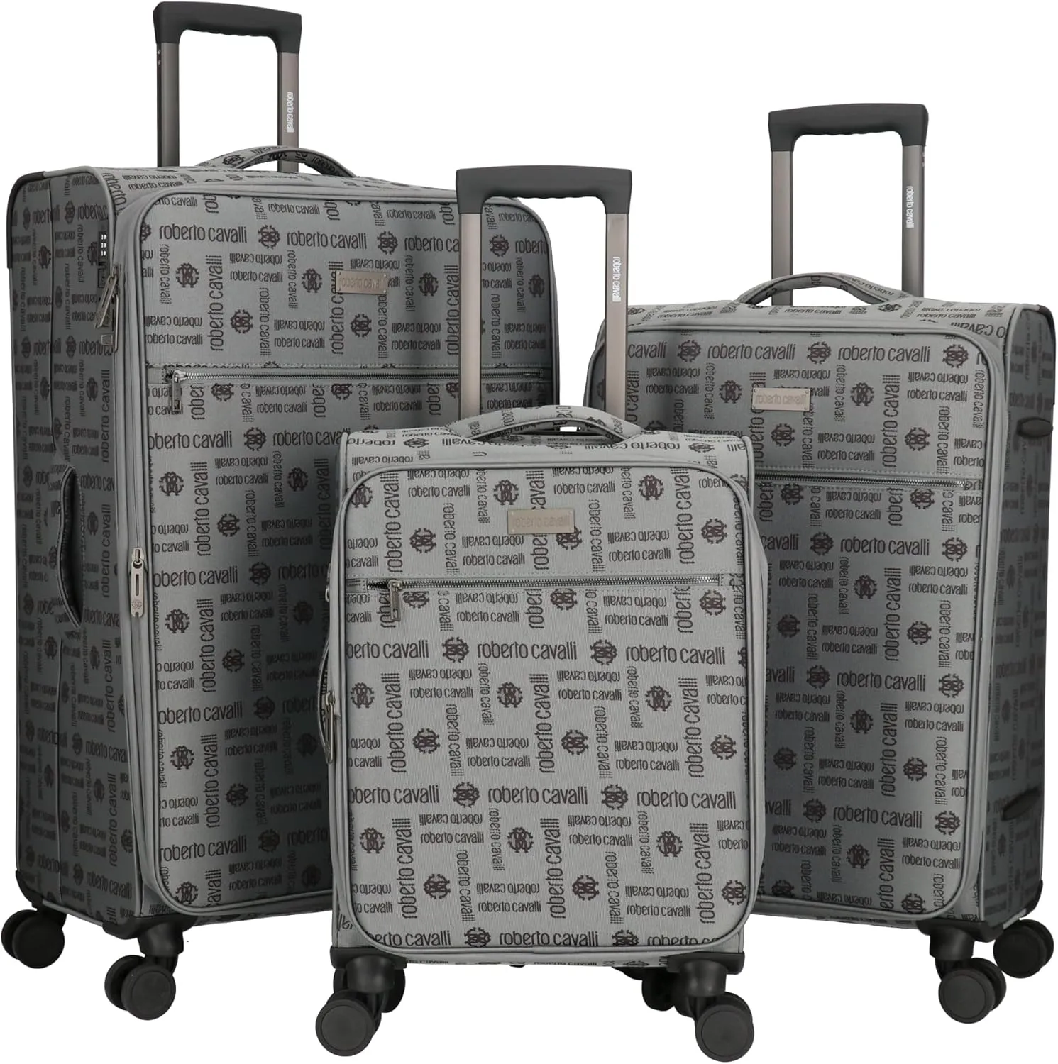 ROBERTO CAVALLI Luxury 3 Piece Luggage Set, Expandable Softside Suitcases with 8 Spinner Wheels, TSA Lock Large Suitcase Set for Men and Women-Gray