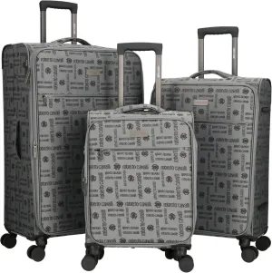 ROBERTO CAVALLI Luxury 3 Piece Luggage Set, Expandable Softside Suitcases with 8 Spinner Wheels, TSA Lock Large Suitcase Set for Men and Women-Gray