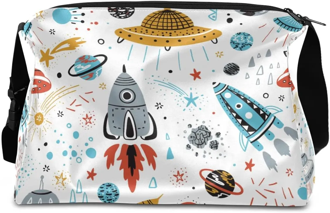 Rocket Flying Saucers Small Gym Bag for Men Women Workout Sport Duffle Bag Waterproof Weekender Overnight Bag Lightweight Carry on Tote Bag Crossbody Shoulder Travel Bag for Swim Yoge Dance