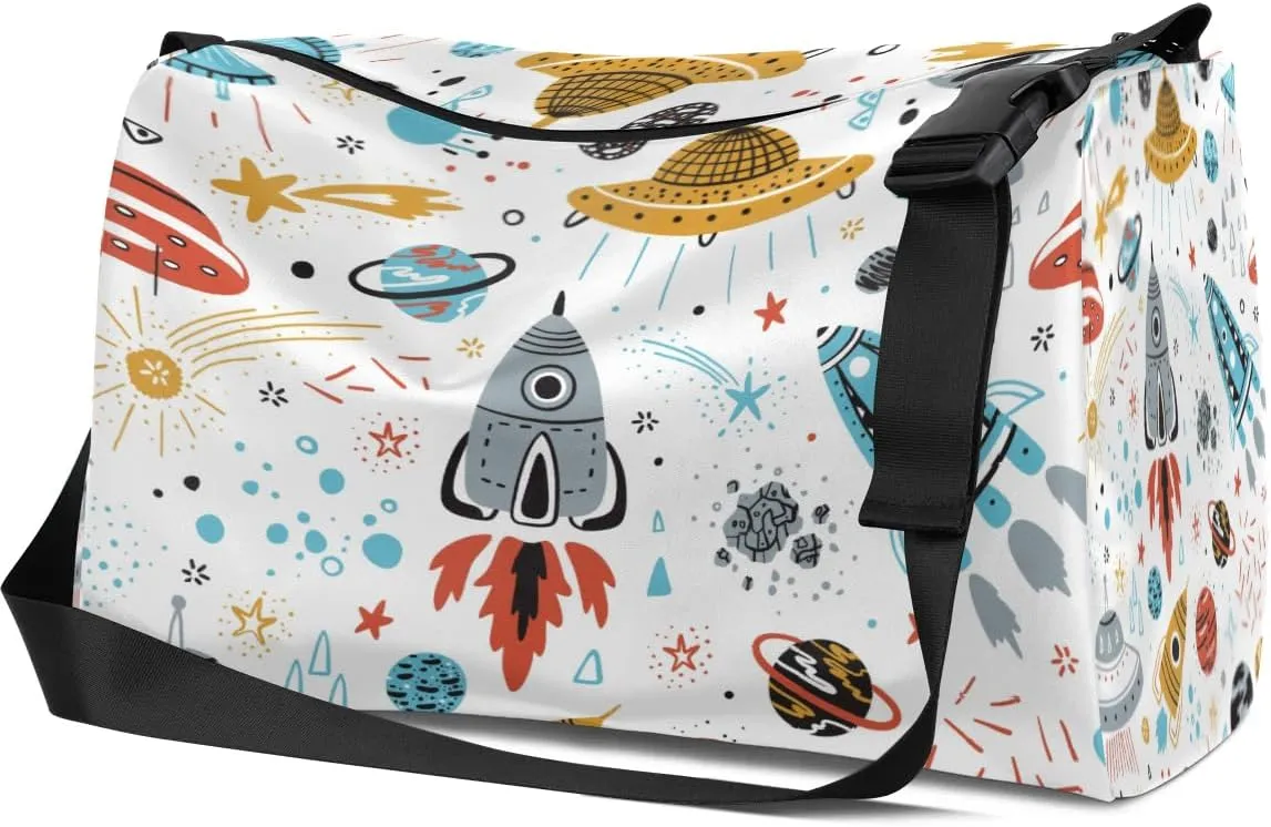 Rocket Flying Saucers Small Gym Bag for Men Women Workout Sport Duffle Bag Waterproof Weekender Overnight Bag Lightweight Carry on Tote Bag Crossbody Shoulder Travel Bag for Swim Yoge Dance