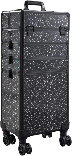 Rolling 5-in-1 with nail polish holder divider shoulder strap Portable Makeup Professional Cosmetic Organizer Makeup Traveling case Trolley Cart Trunk (black with star)
