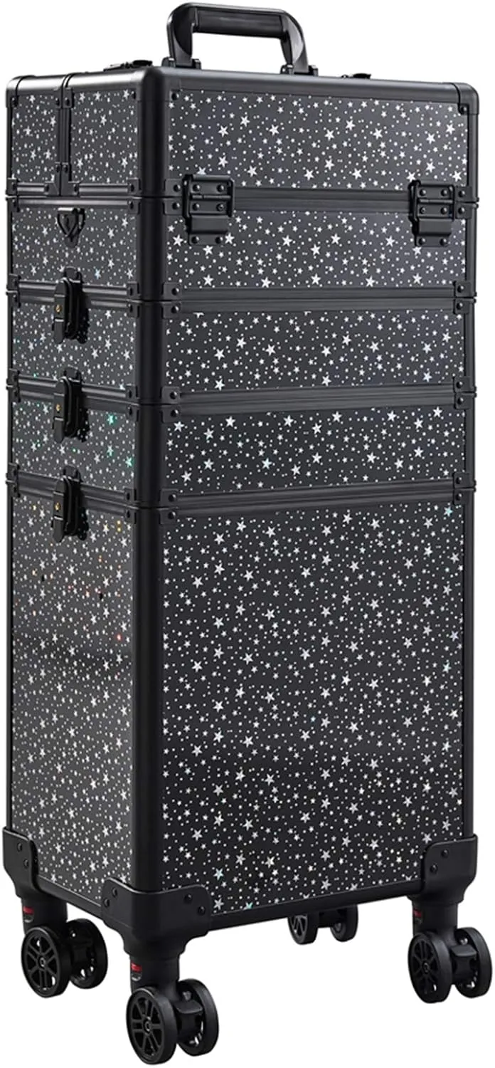 Rolling 5-in-1 with nail polish holder divider shoulder strap Portable Makeup Professional Cosmetic Organizer Makeup Traveling case Trolley Cart Trunk (black with star)