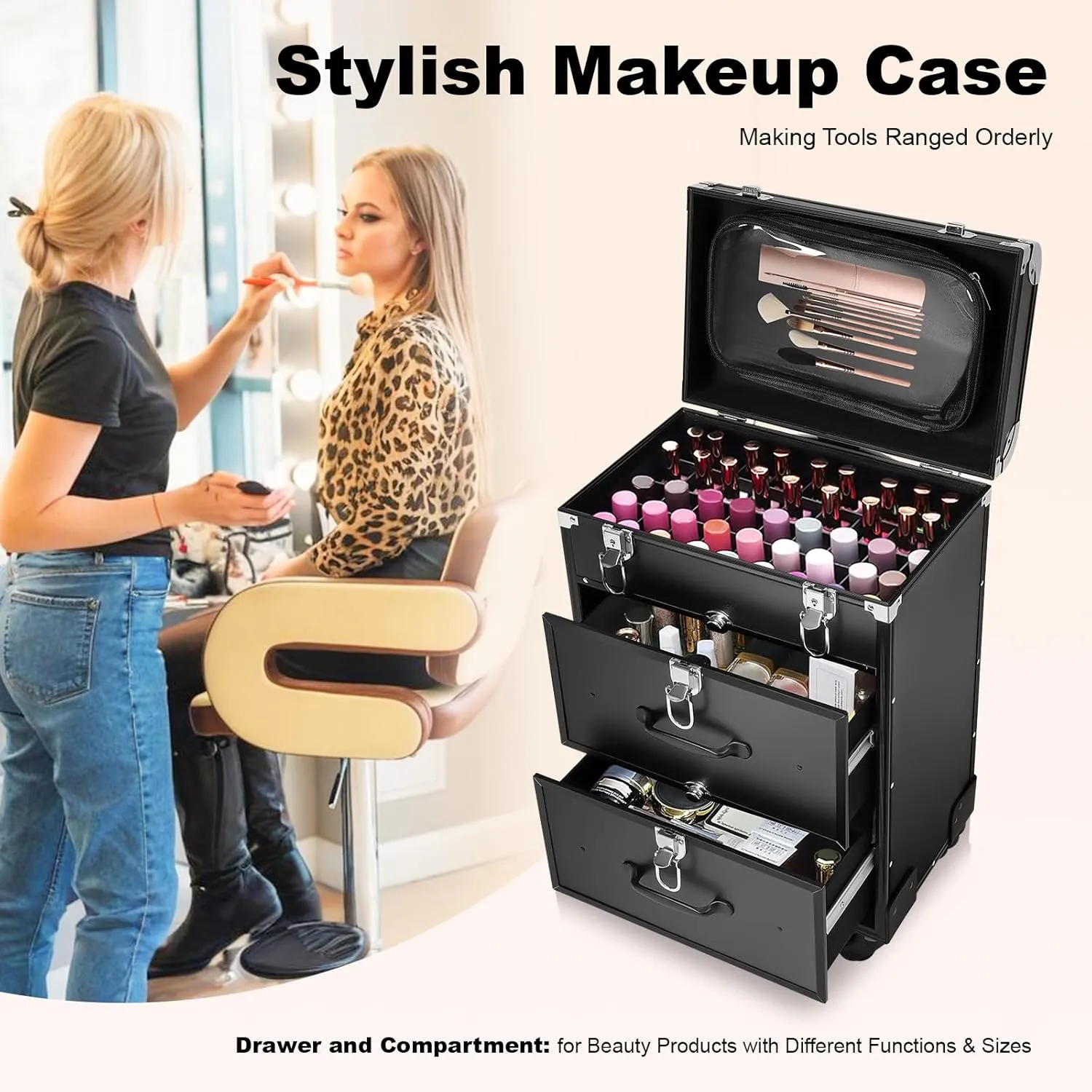 Rolling Cosmetic Case, Large Cosmetic Trolley with Lock, Professional Rolling Cosmetic Train Case with Drawers, Universal Wheel Trolley Nail Storage Organizer for Makeup Salon, Beauty Salon (Black)