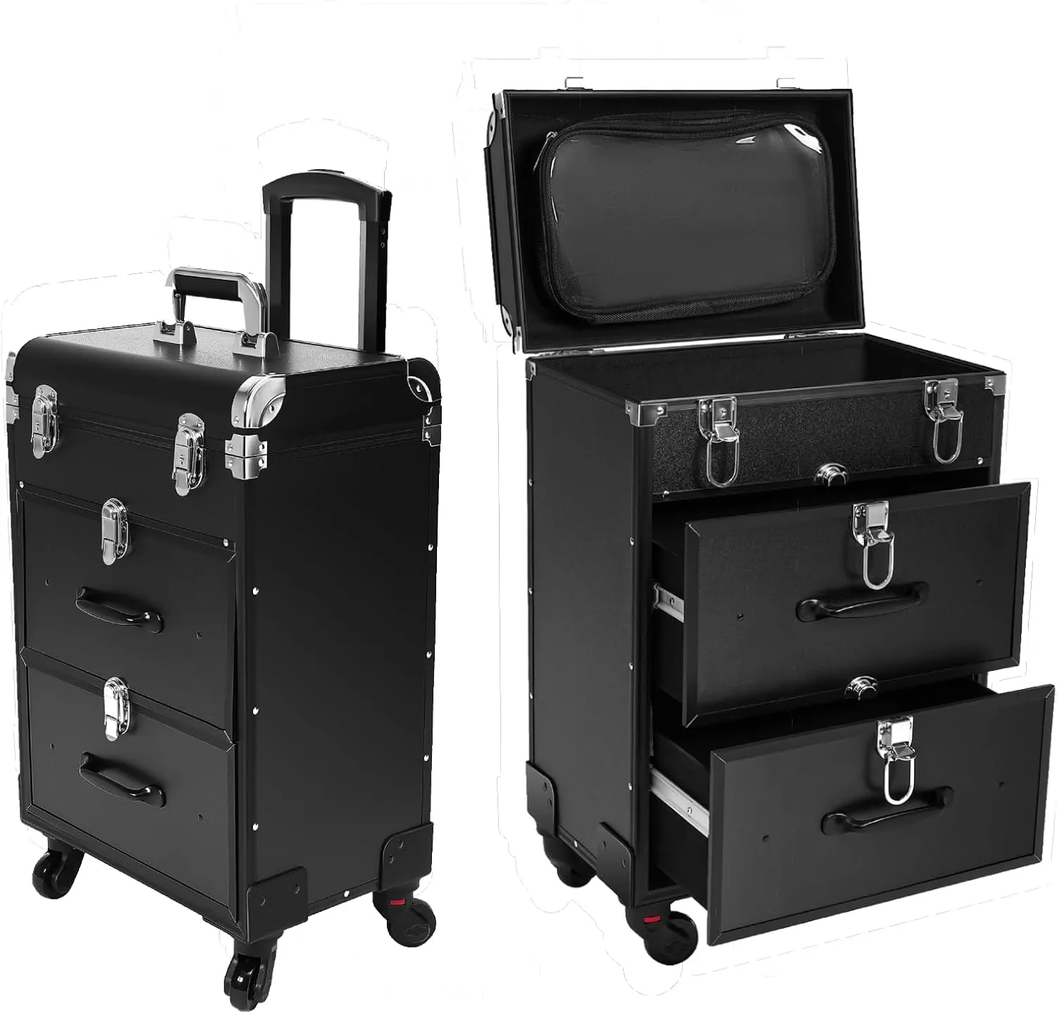 Rolling Cosmetic Case, Large Cosmetic Trolley with Lock, Professional Rolling Cosmetic Train Case with Drawers, Universal Wheel Trolley Nail Storage Organizer for Makeup Salon, Beauty Salon (Black)