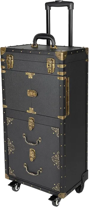Rolling Lockable Makeup Train Case 4 Tier Rolling Makeup Train Case Beauty Salon Luggage Beauty Salon Cosmetic Travel Case Travel Organizer Tool Box with Hair Dryer Holder/Locks/4 Wheels (Black&Gold)