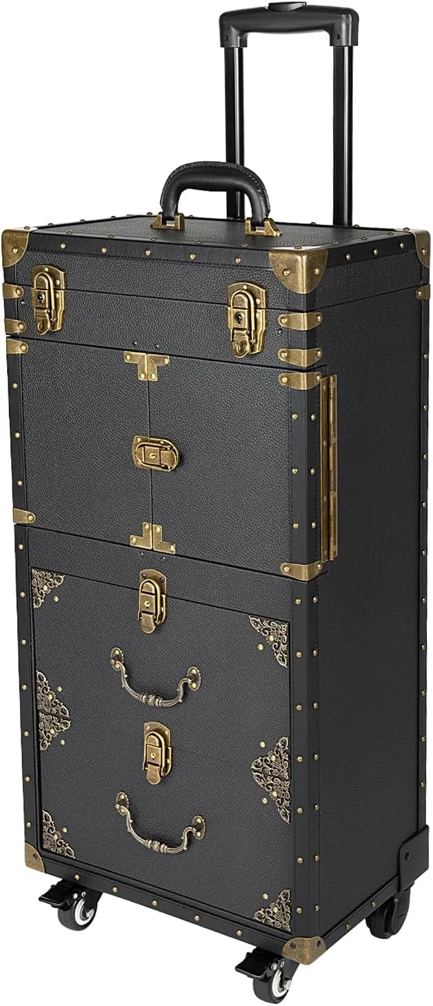 Rolling Lockable Makeup Train Case 4 Tier Rolling Makeup Train Case Beauty Salon Luggage Beauty Salon Cosmetic Travel Case Travel Organizer Tool Box with Hair Dryer Holder/Locks/4 Wheels (Black&Gold)
