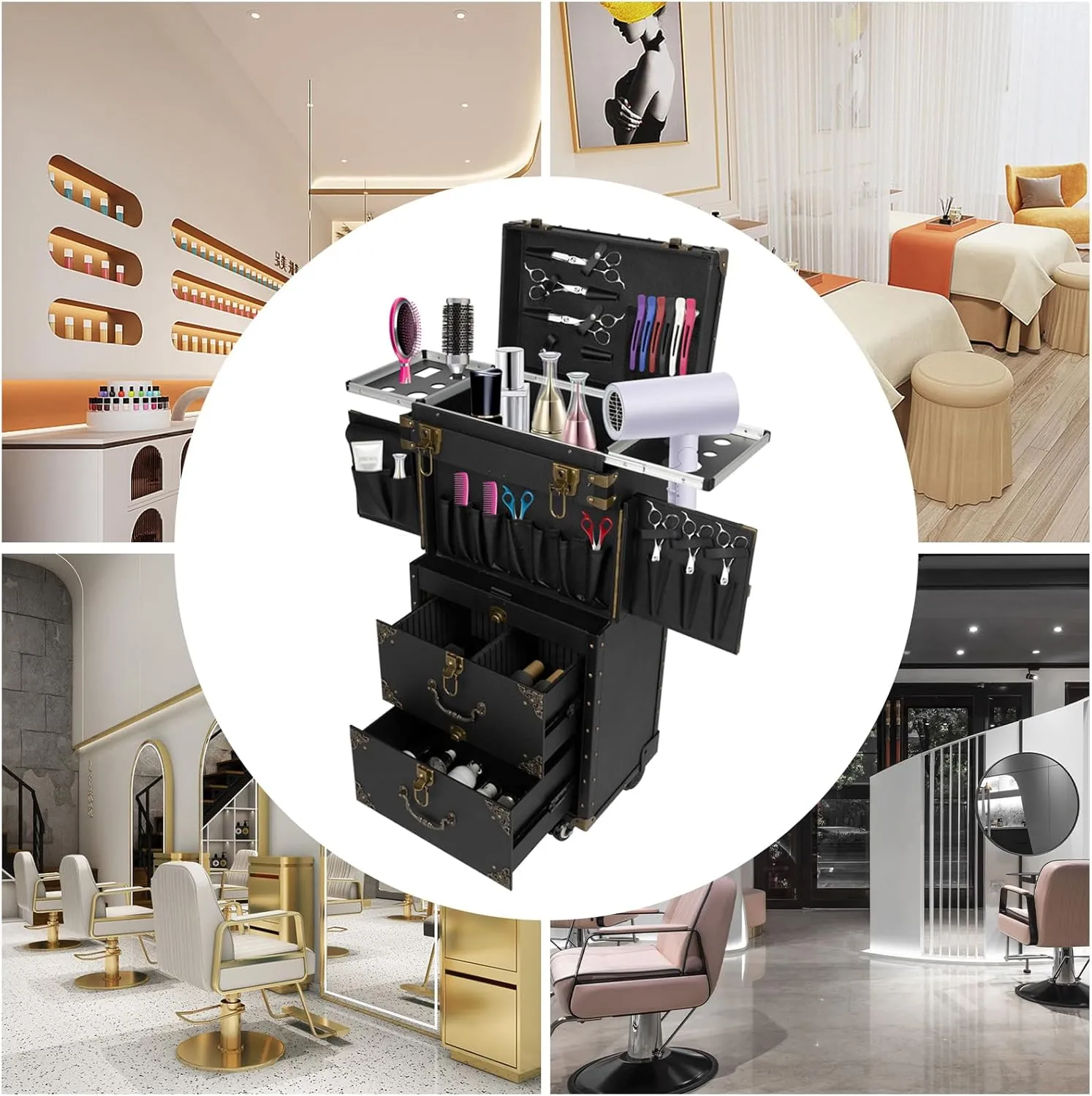Rolling Lockable Makeup Train Case 4 Tier Rolling Makeup Train Case Beauty Salon Luggage Beauty Salon Cosmetic Travel Case Travel Organizer Tool Box with Hair Dryer Holder/Locks/4 Wheels (Black&Gold)