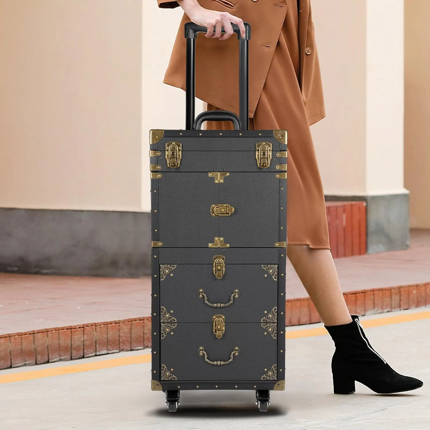Rolling Lockable Makeup Train Case 4 Tier Rolling Makeup Train Case Beauty Salon Luggage Beauty Salon Cosmetic Travel Case Travel Organizer Tool Box with Hair Dryer Holder/Locks/4 Wheels (Black&Gold)