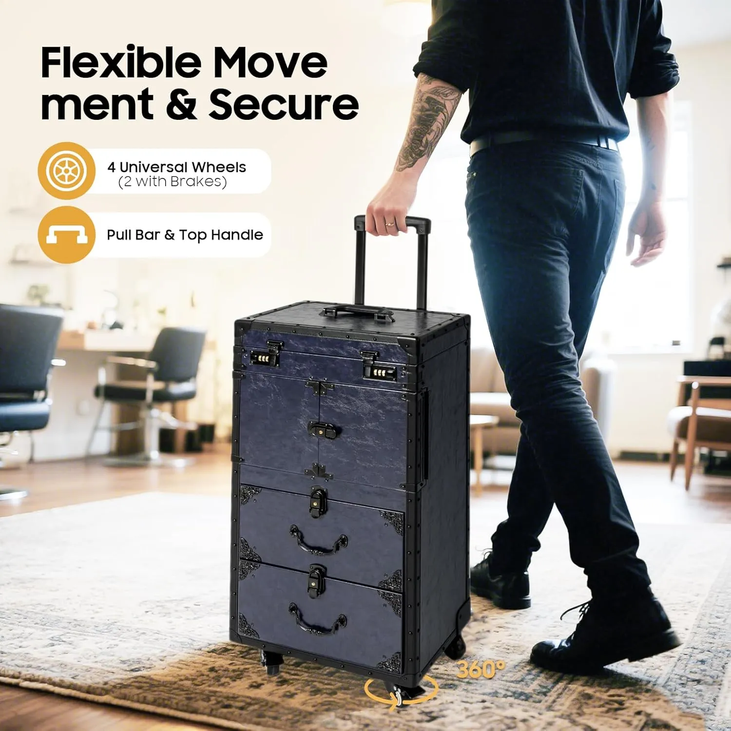 Rolling Lockable Makeup Train Case Hairdressing Rolling Makeup Train Case Trolley Stylist Beauty Salon Cosmetic Luggage Travel Organizer Hairdressing Travel Case with Wheels Blue