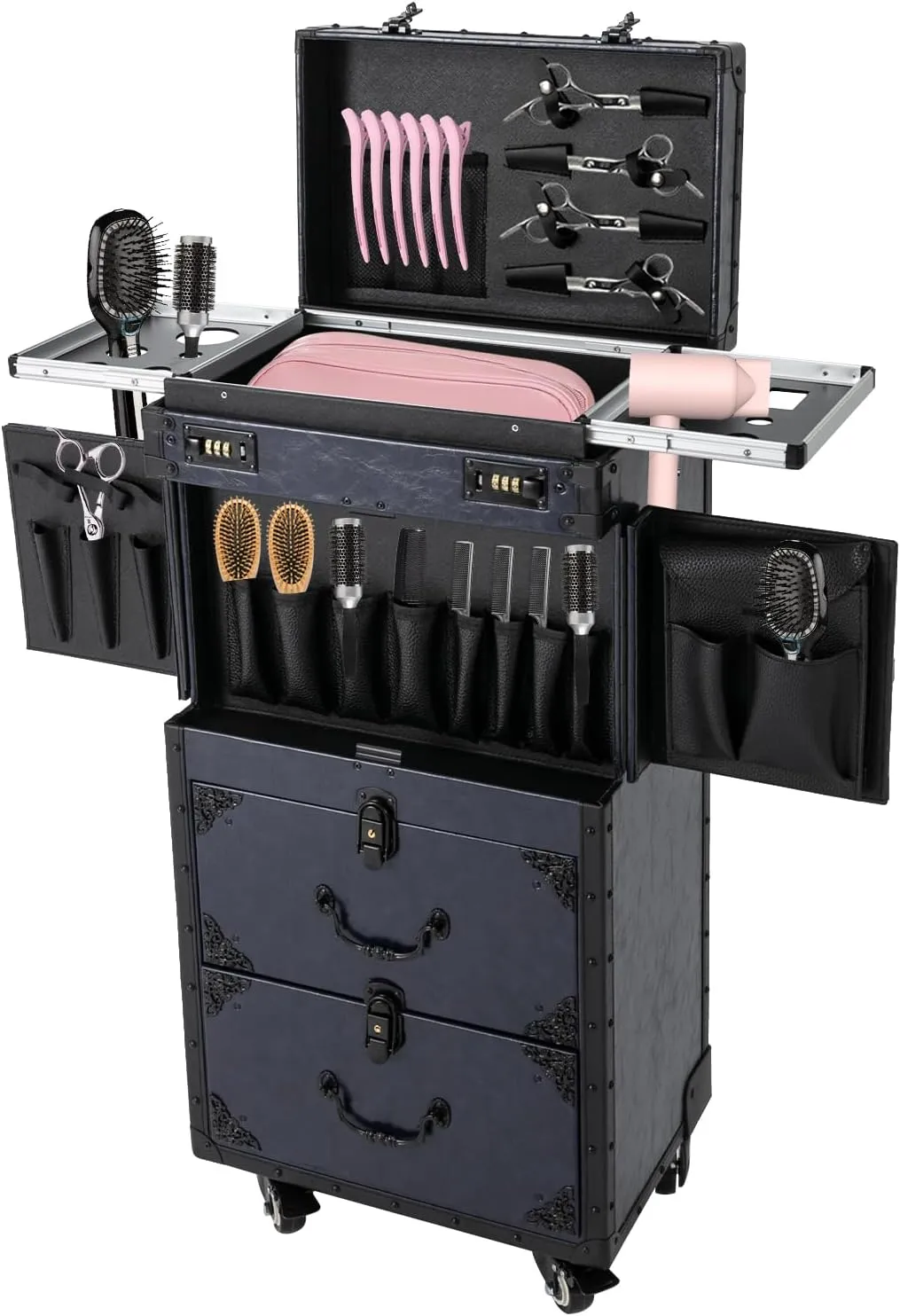 Rolling Lockable Makeup Train Case Hairdressing Rolling Makeup Train Case Trolley Stylist Beauty Salon Cosmetic Luggage Travel Organizer Hairdressing Travel Case with Wheels Blue