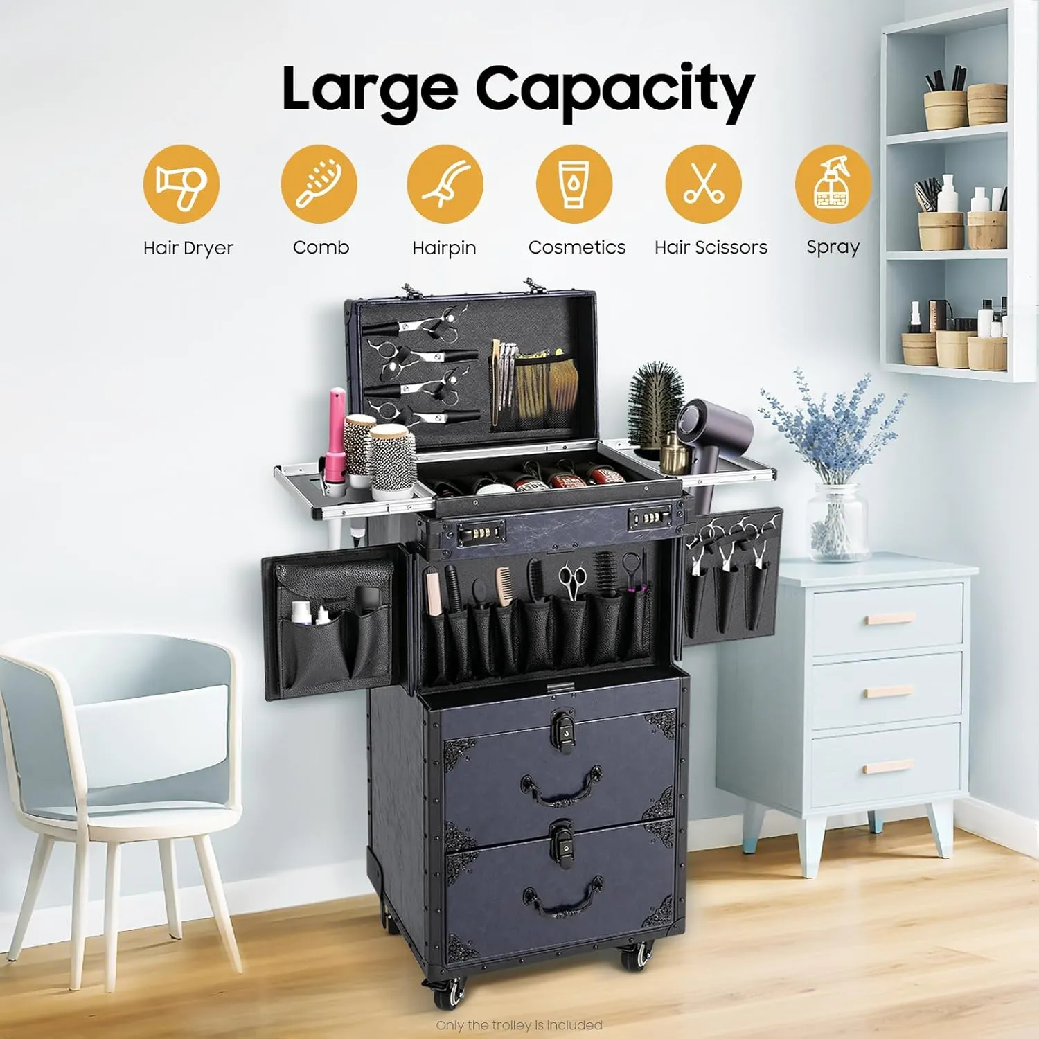 Rolling Lockable Makeup Train Case Hairdressing Rolling Makeup Train Case Trolley Stylist Beauty Salon Cosmetic Luggage Travel Organizer Hairdressing Travel Case with Wheels Blue
