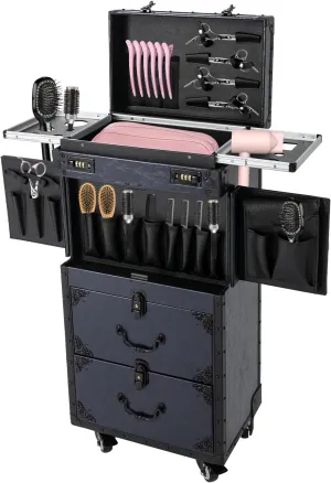 Rolling Lockable Makeup Train Case Hairdressing Rolling Makeup Train Case Trolley Stylist Beauty Salon Cosmetic Luggage Travel Organizer Hairdressing Travel Case with Wheels Blue