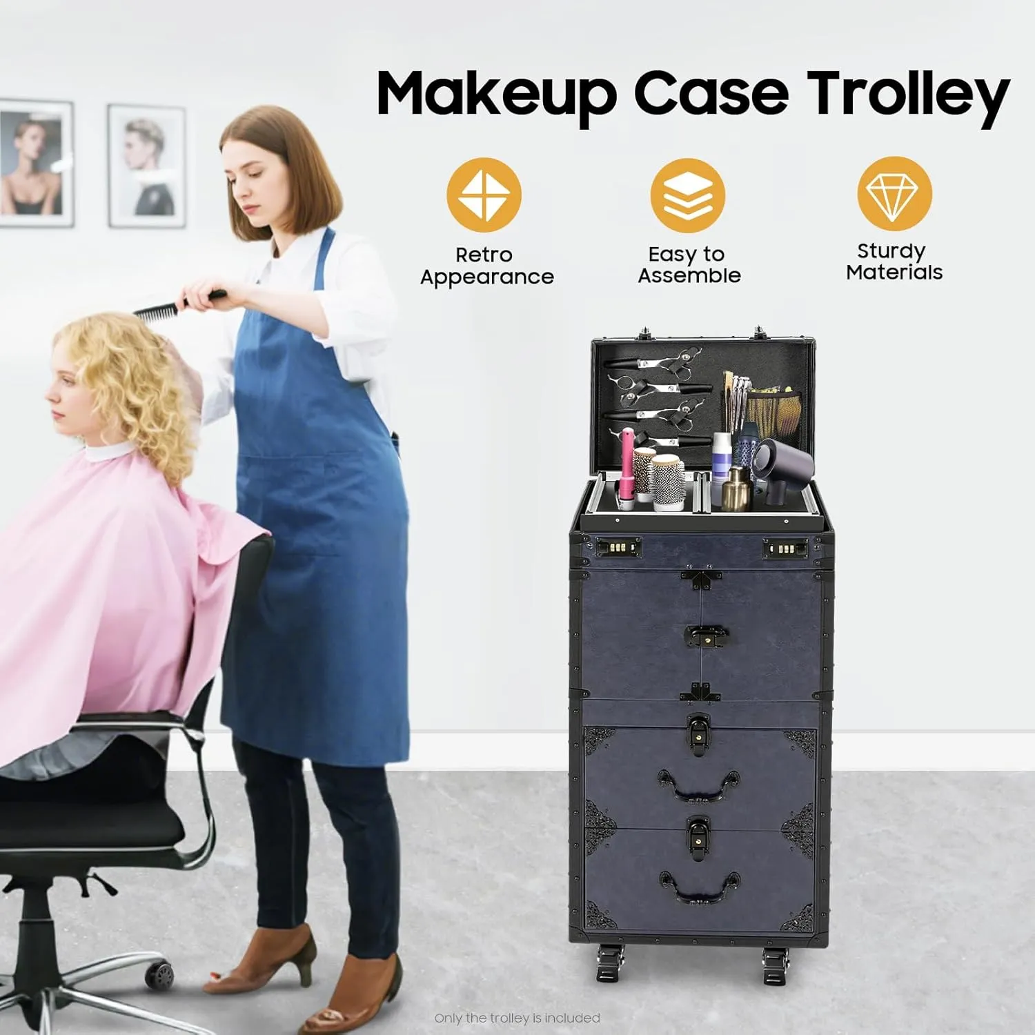 Rolling Lockable Makeup Train Case Hairdressing Rolling Makeup Train Case Trolley Stylist Beauty Salon Cosmetic Luggage Travel Organizer Hairdressing Travel Case with Wheels Blue