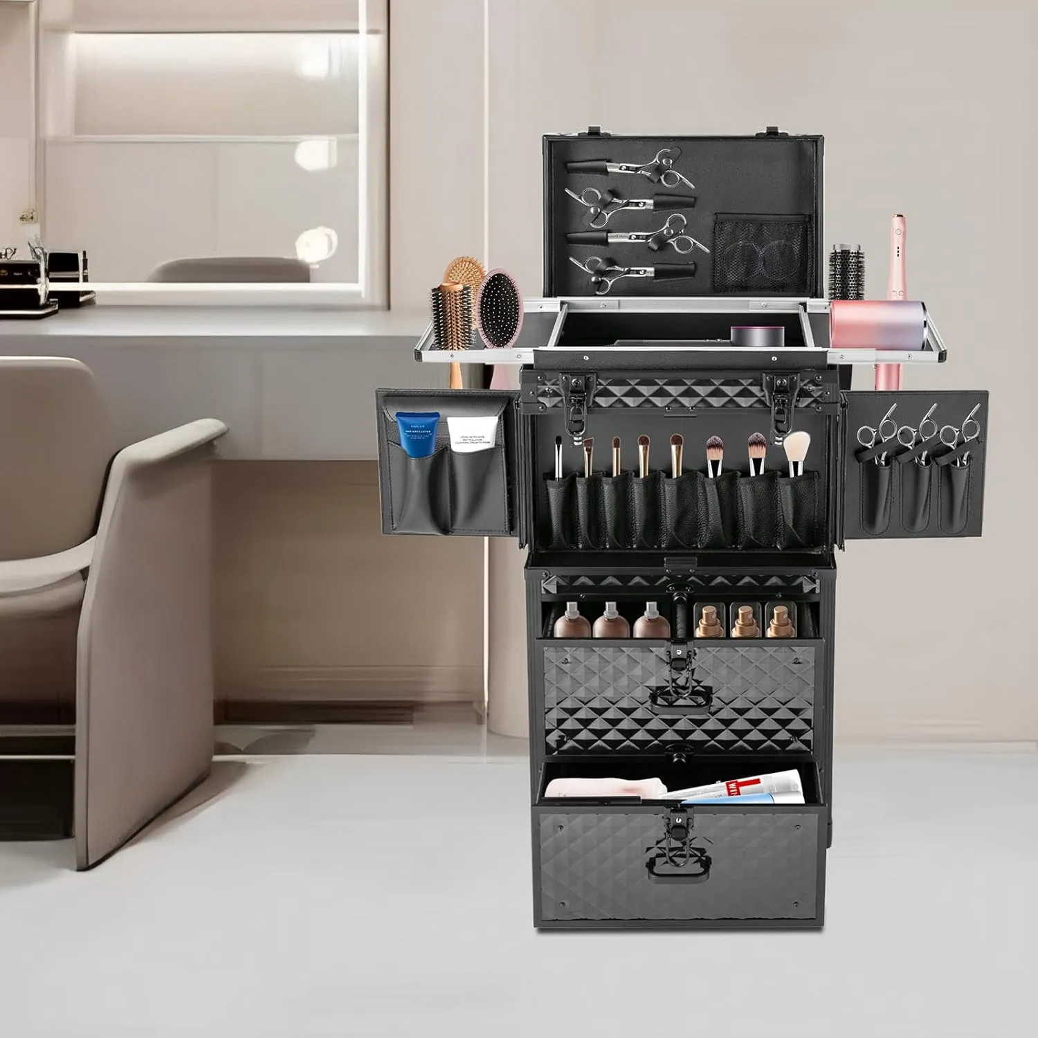 Rolling Lockable Makeup Train Case, Hairdressing Travel Case with Wheels, Cosmetology Case on Wheels,Hair Stylist Travel Case with Hairdryer Holder, Hairdressing Trolley for Barber (Style A)