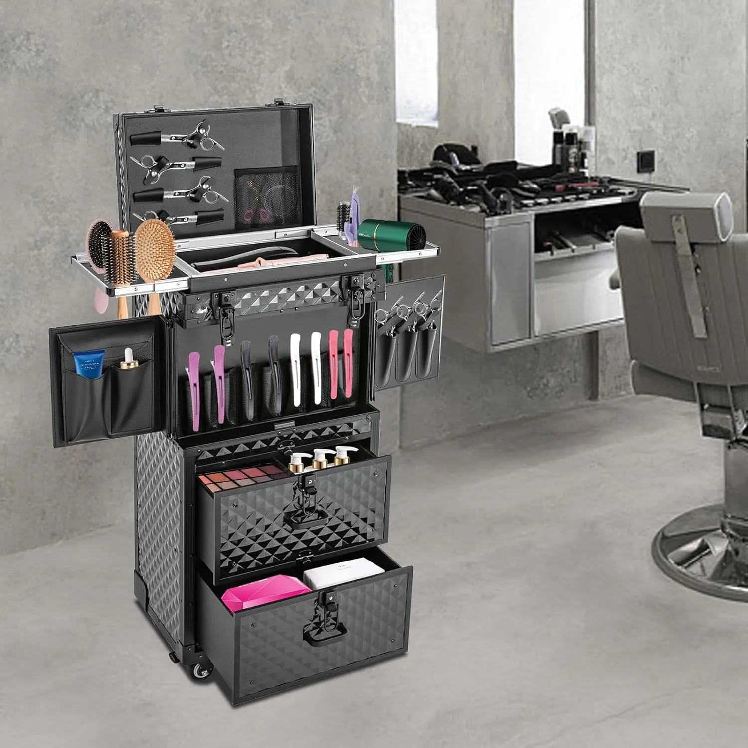 Rolling Lockable Makeup Train Case, Hairdressing Travel Case with Wheels, Cosmetology Case on Wheels,Hair Stylist Travel Case with Hairdryer Holder, Hairdressing Trolley for Barber (Style A)