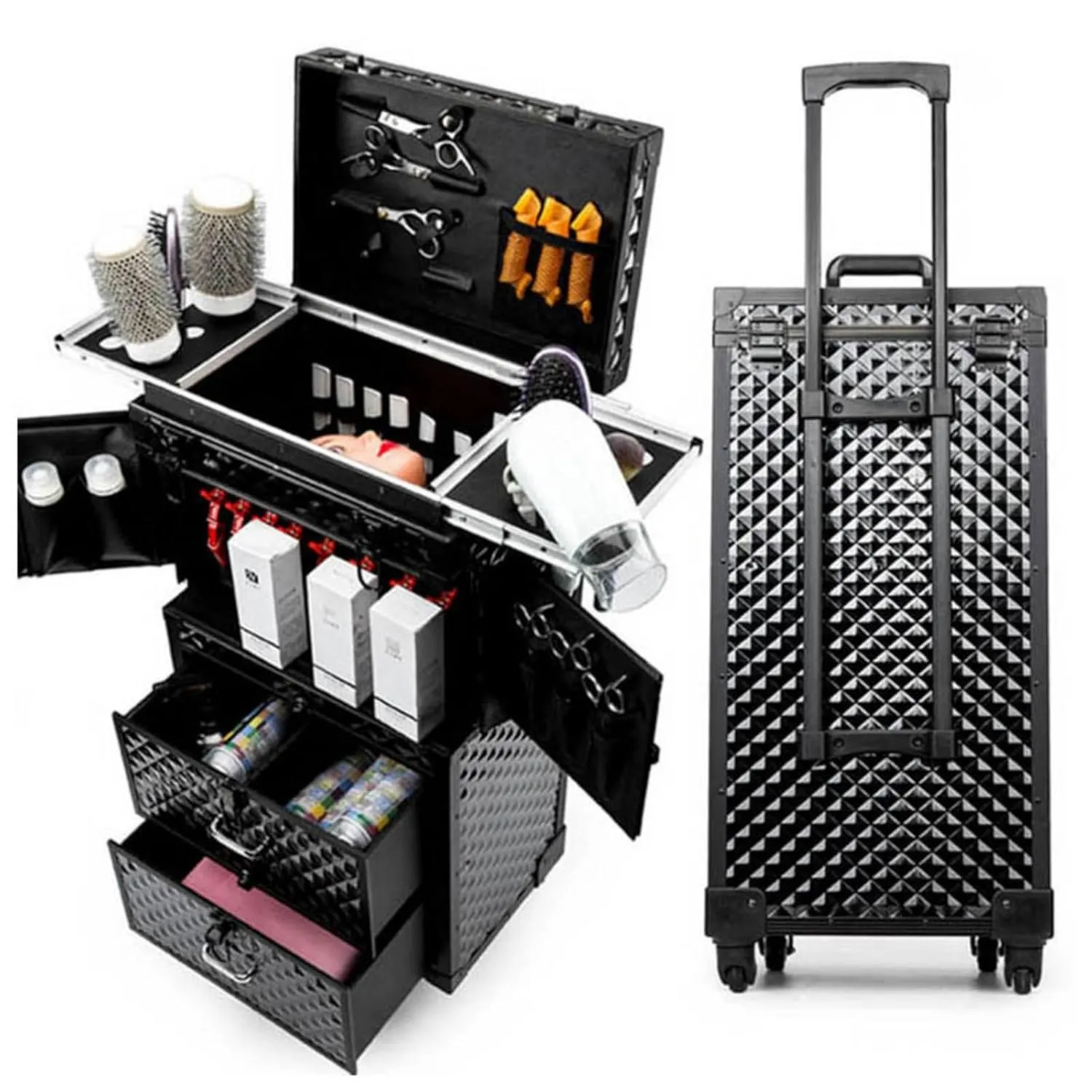 Rolling Lockable Makeup Train Case, Hairdressing Travel Case with Wheels, Cosmetology Case on Wheels,Hair Stylist Travel Case with Hairdryer Holder, Hairdressing Trolley for Barber (Style A)