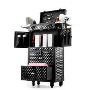 Rolling Lockable Makeup Train Case, Hairdressing Travel Case with Wheels, Cosmetology Case on Wheels,Hair Stylist Travel Case with Hairdryer Holder, Hairdressing Trolley for Barber (Style A)