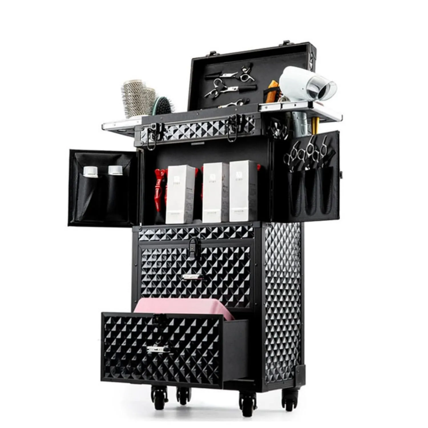 Rolling Lockable Makeup Train Case, Hairdressing Travel Case with Wheels, Cosmetology Case on Wheels,Hair Stylist Travel Case with Hairdryer Holder, Hairdressing Trolley for Barber (Style A)